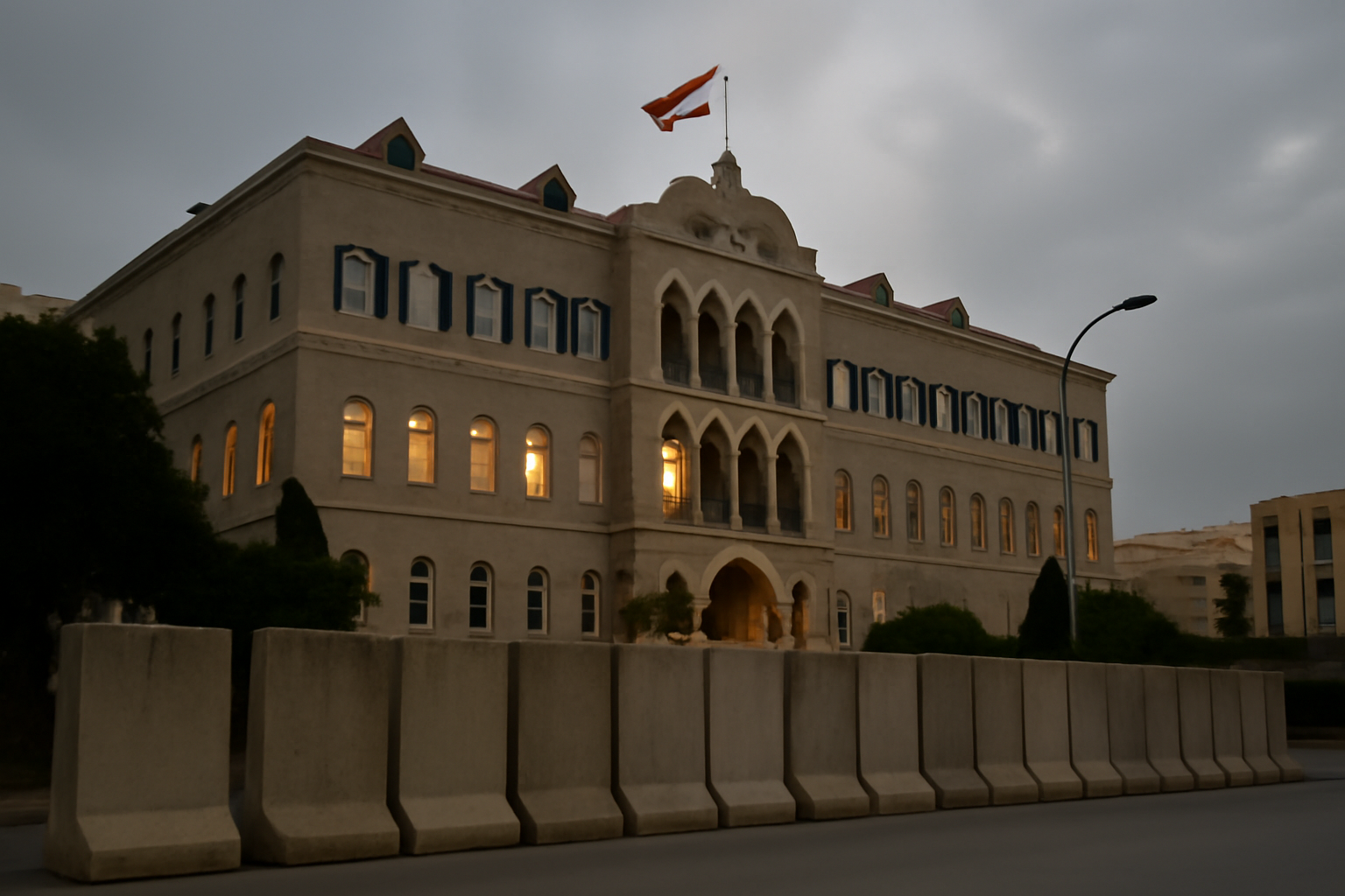 Lebanese flag flying near a government building in Beirut with security barriers in the foreground