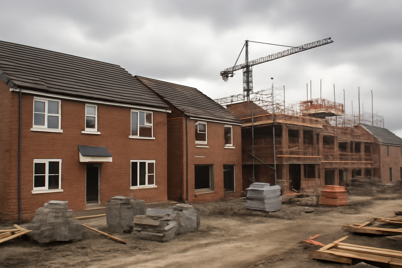 Rows of new-build brick townhouses under a construction crane in northern England