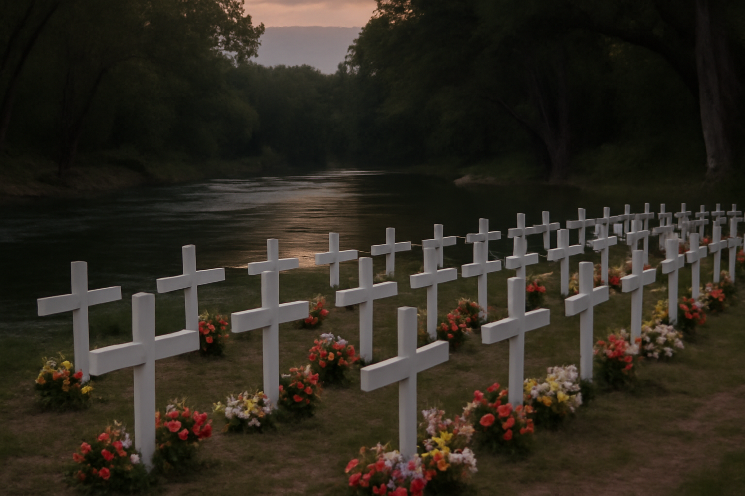 A flood memorial with white crosses stands near the Guadalupe River in Hunt, Texas