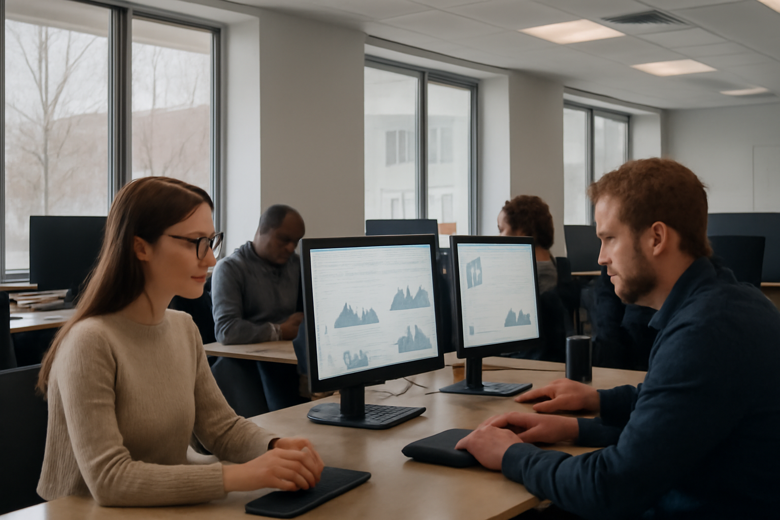 An open-plan office where employees review data on monitors alongside stacks of books and a notepad