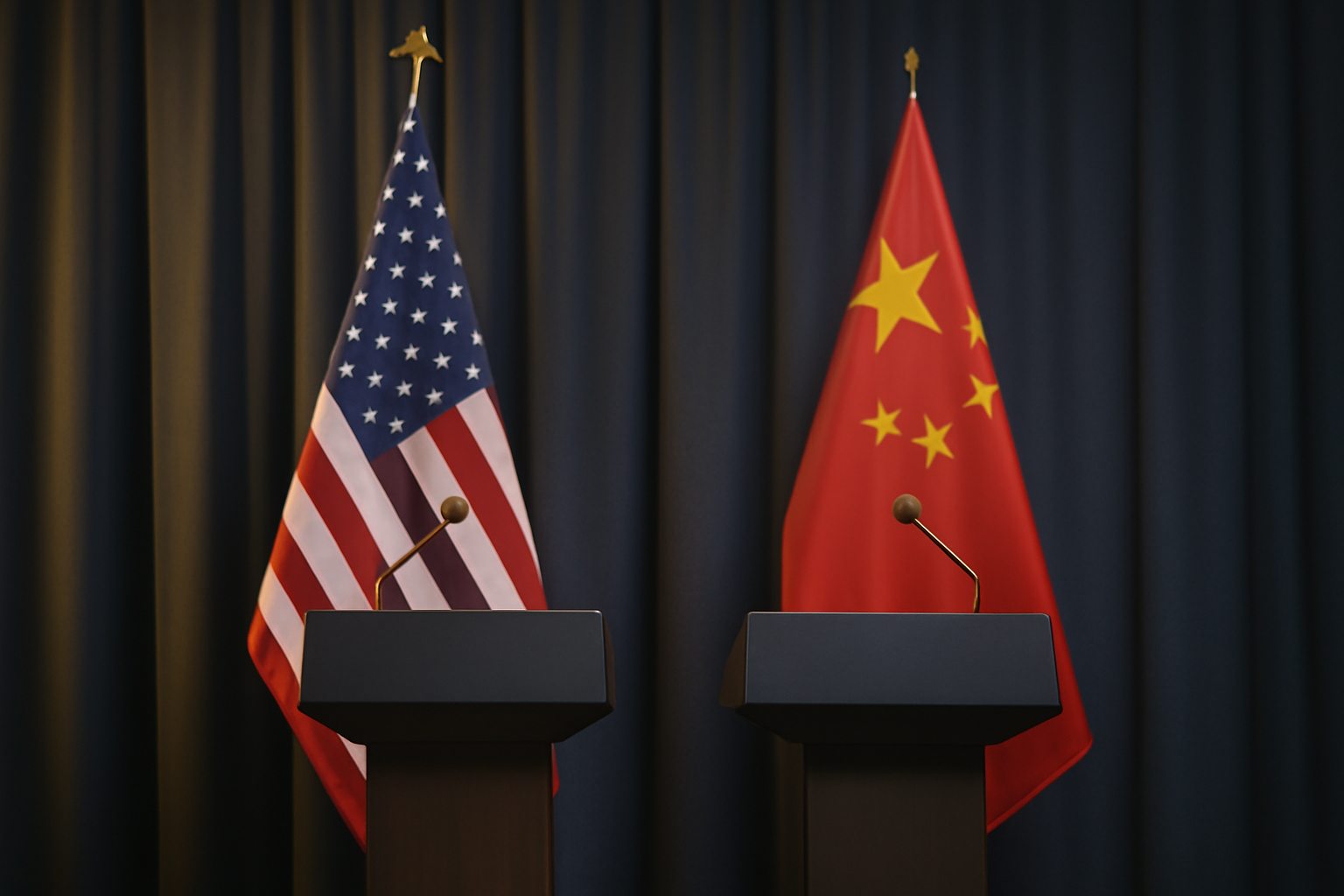 Two national flags, American and Chinese, displayed side by side at a formal diplomatic summit setting