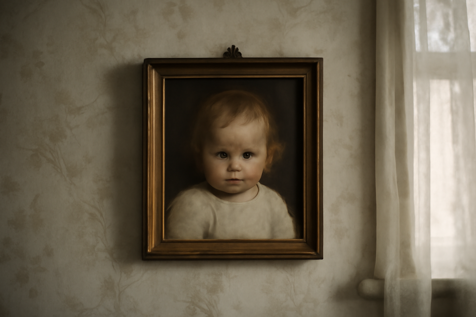 A framed hand-painted child's portrait hanging on a Welsh terraced-house wall beside a window with soft daylight