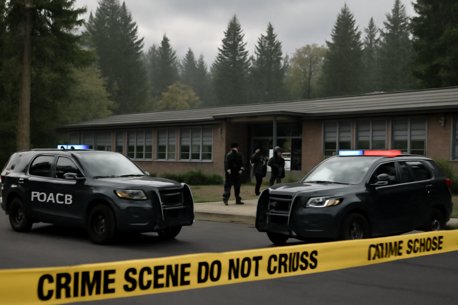 Police vehicles parked outside a one-story elementary school building in Bend, Oregon, with officers standing near crime scene tape.
