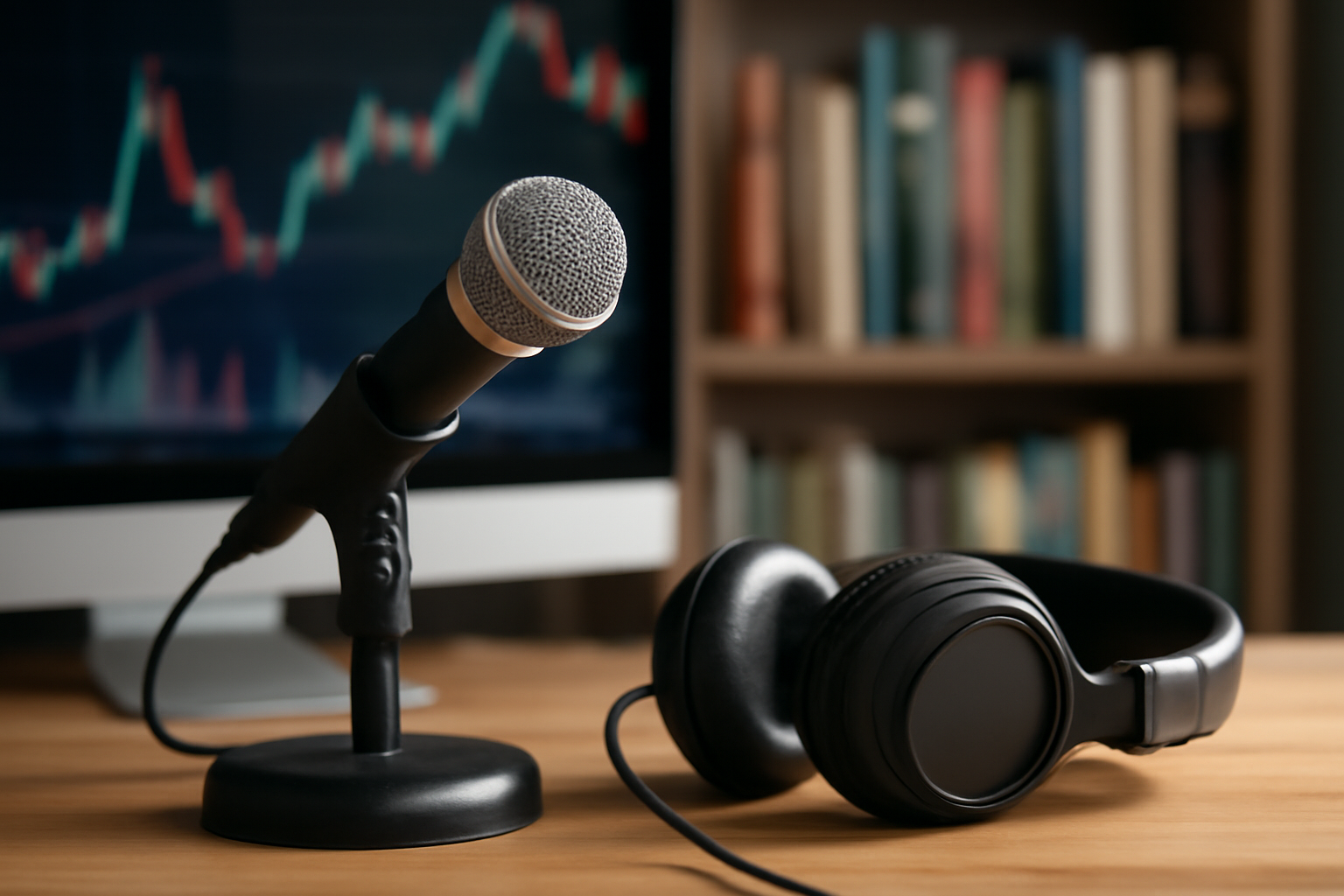 Microphone and headphones on a desk for a podcast interview with blurred market charts in the background