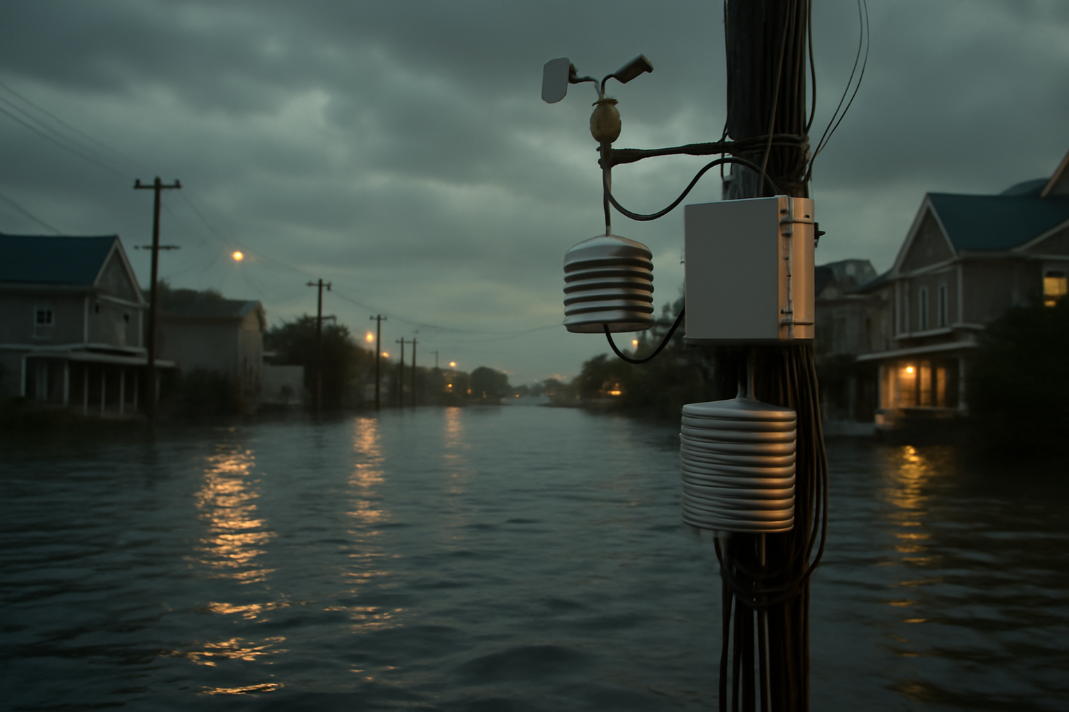 Flooded coastal neighborhood with research monitoring equipment visible near the waterline