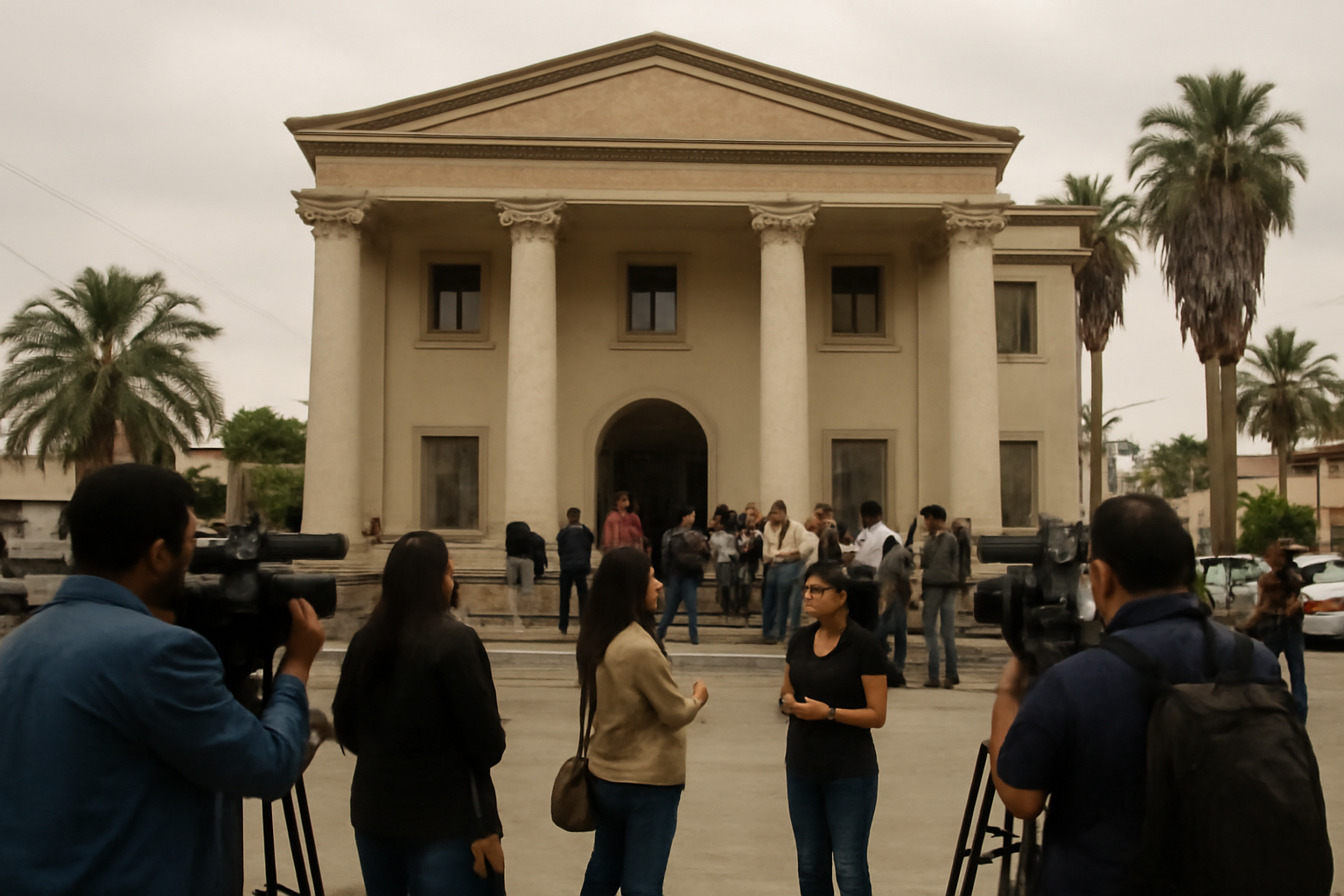 Exterior of a Mexican courthouse in Ensenada with reporters gathered outside