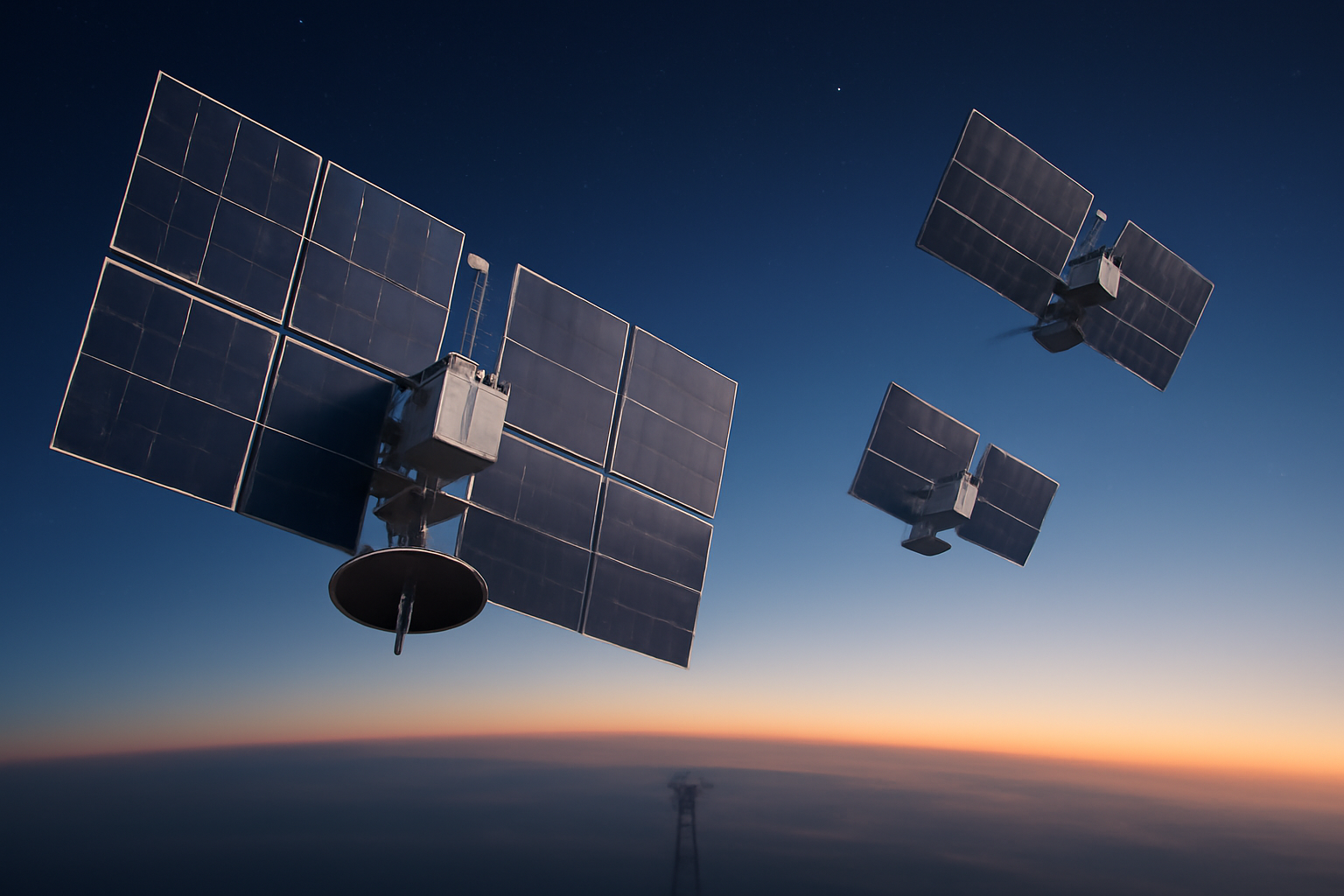 A cluster of SpaceX Starlink satellites orbiting above Earth with a cellular tower visible on the horizon below