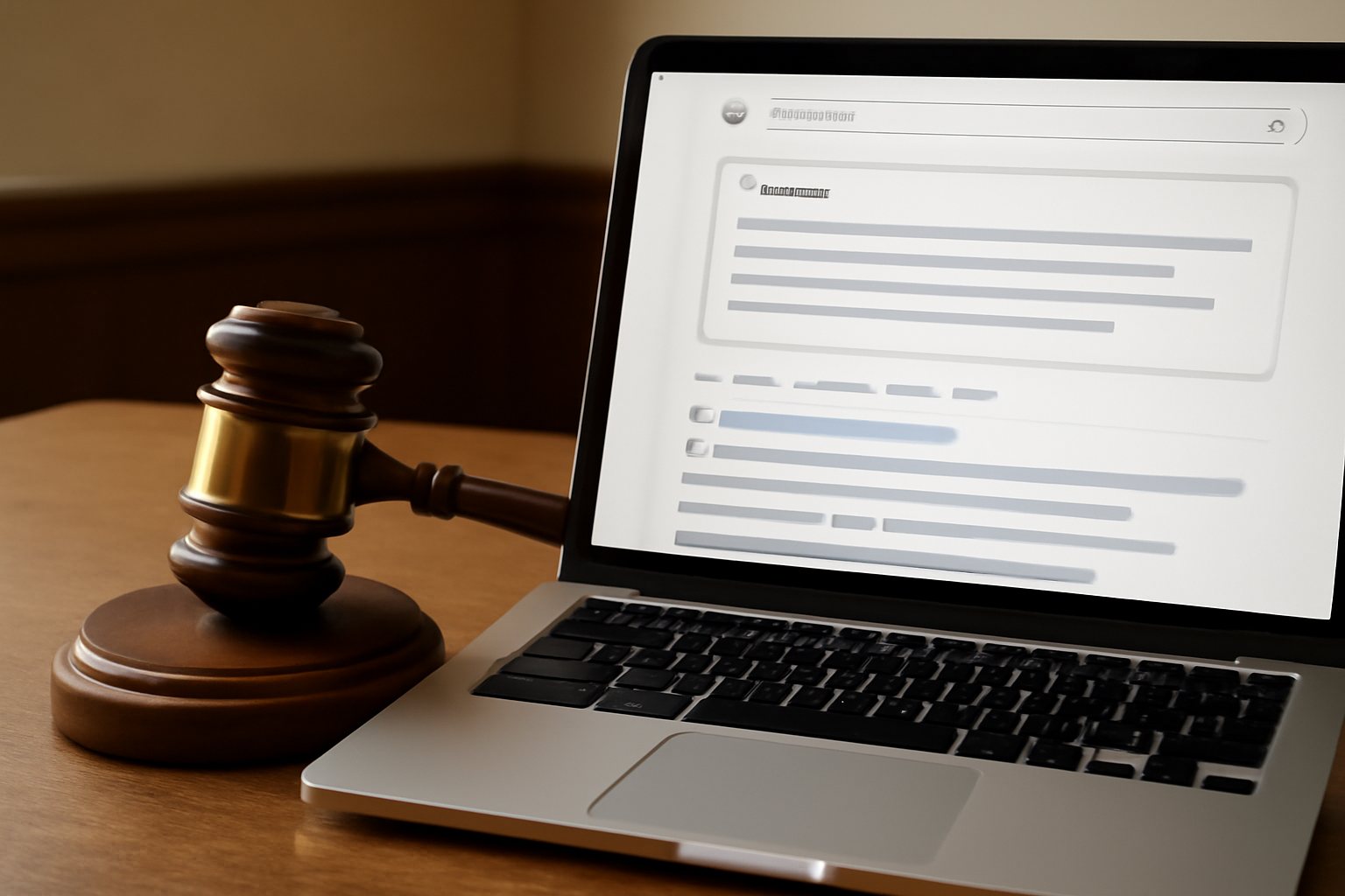 Courtroom gavel beside a laptop displaying a Google search results page with an AI summary box