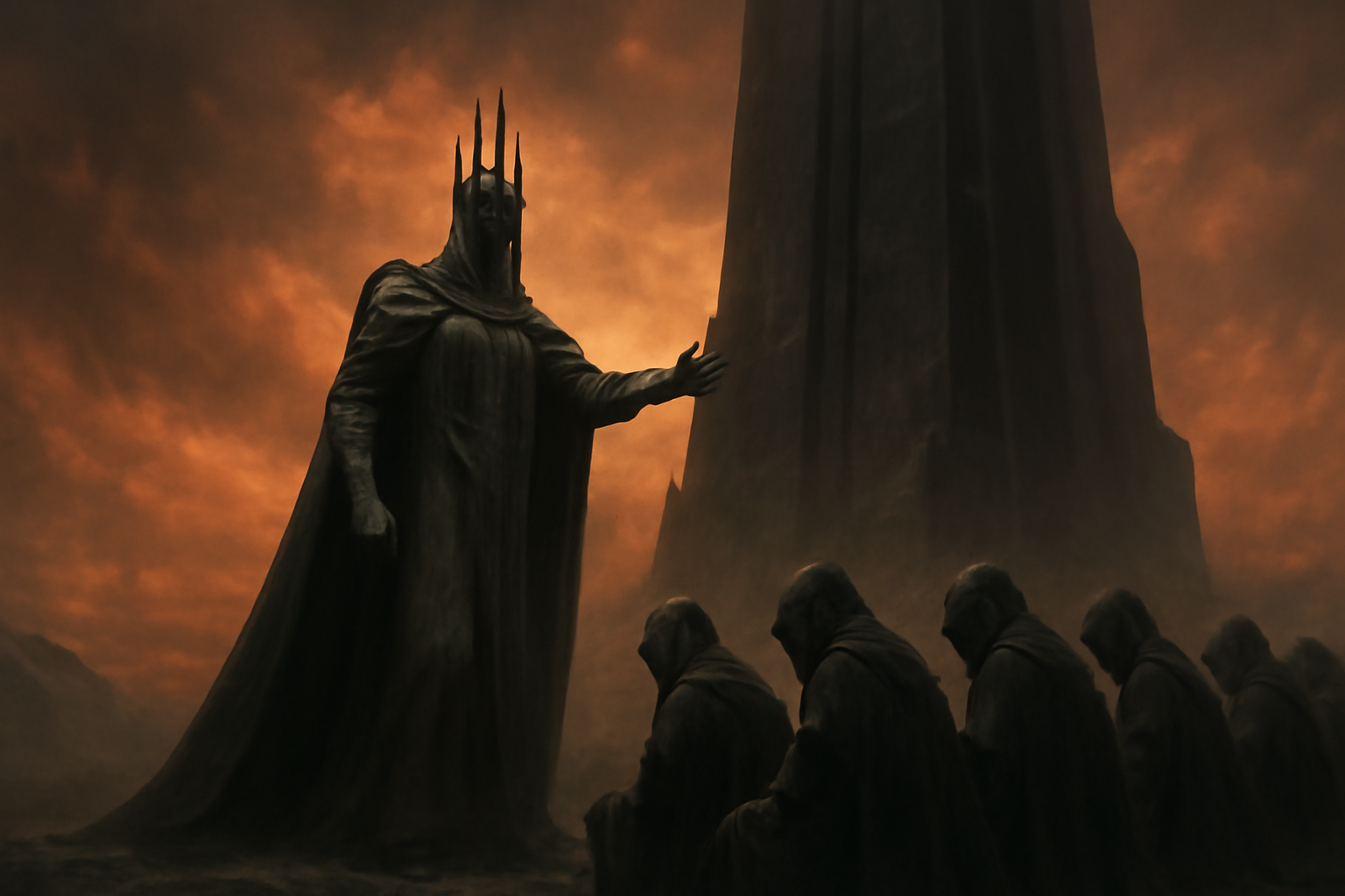 A hooded dark lord figure stands before cloaked human warriors kneeling at the base of a black tower