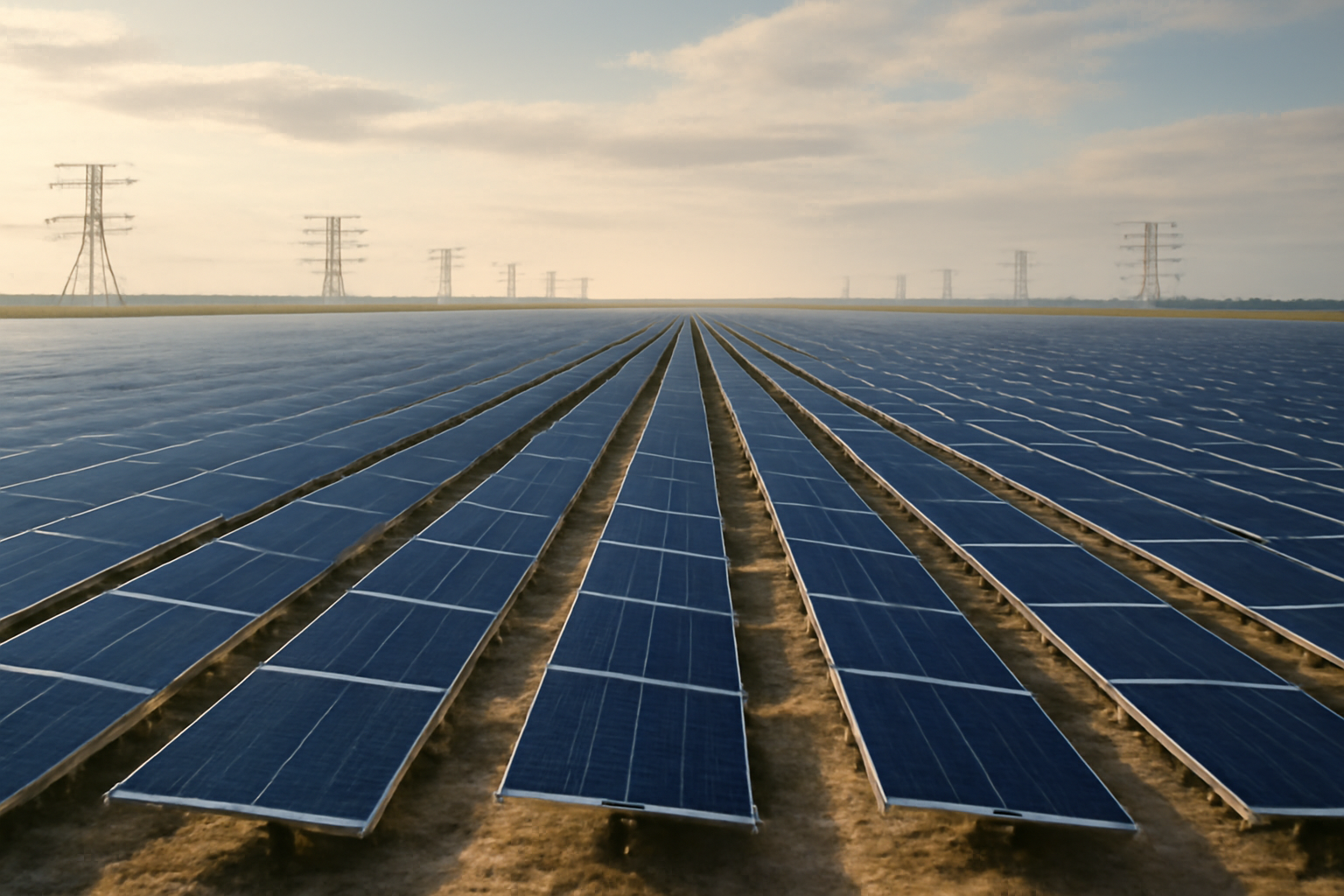 Rows of solar panels under a partly cloudy sky with transmission towers in the distance