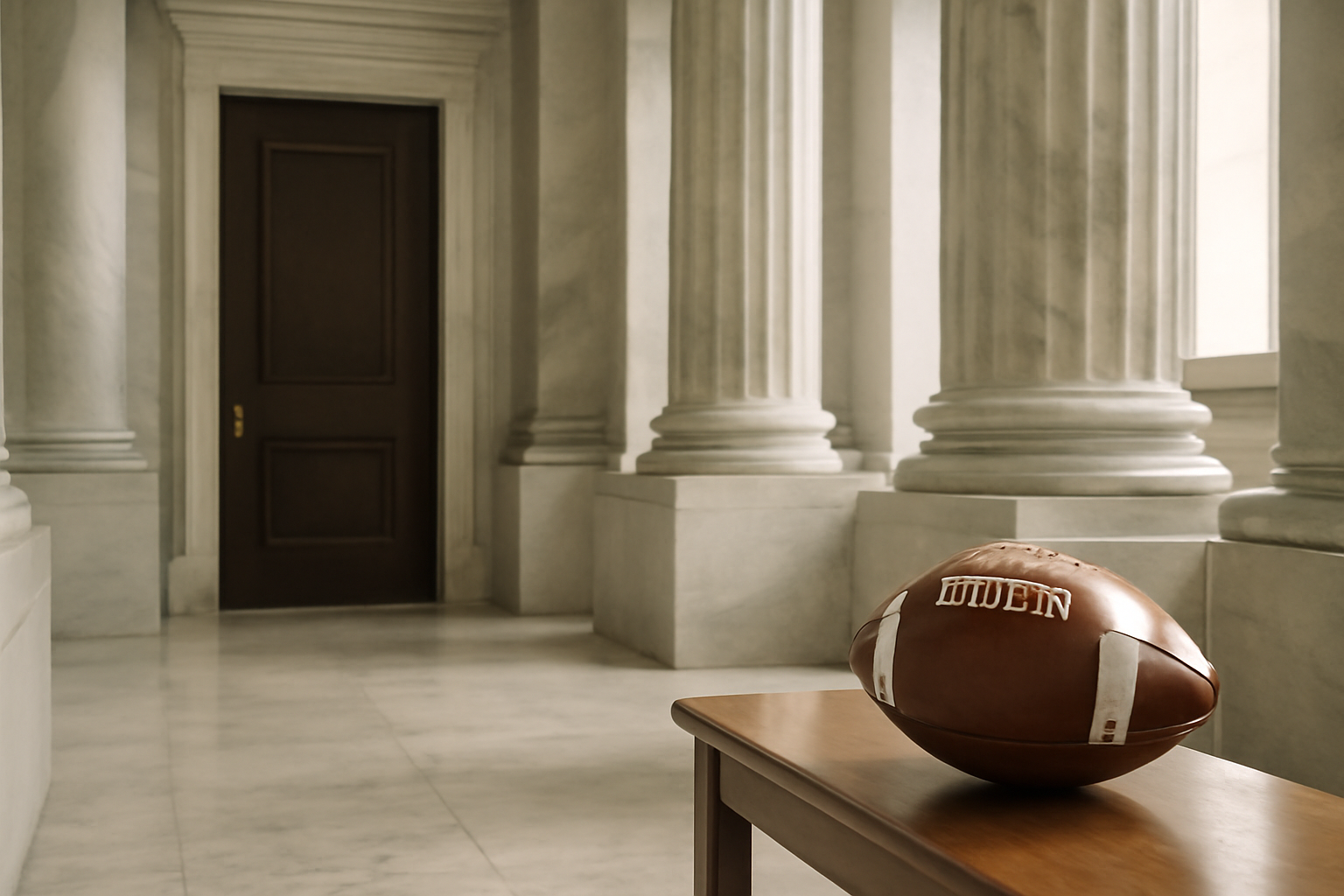 Senate office building hallway with a college football displayed near a hearing room door