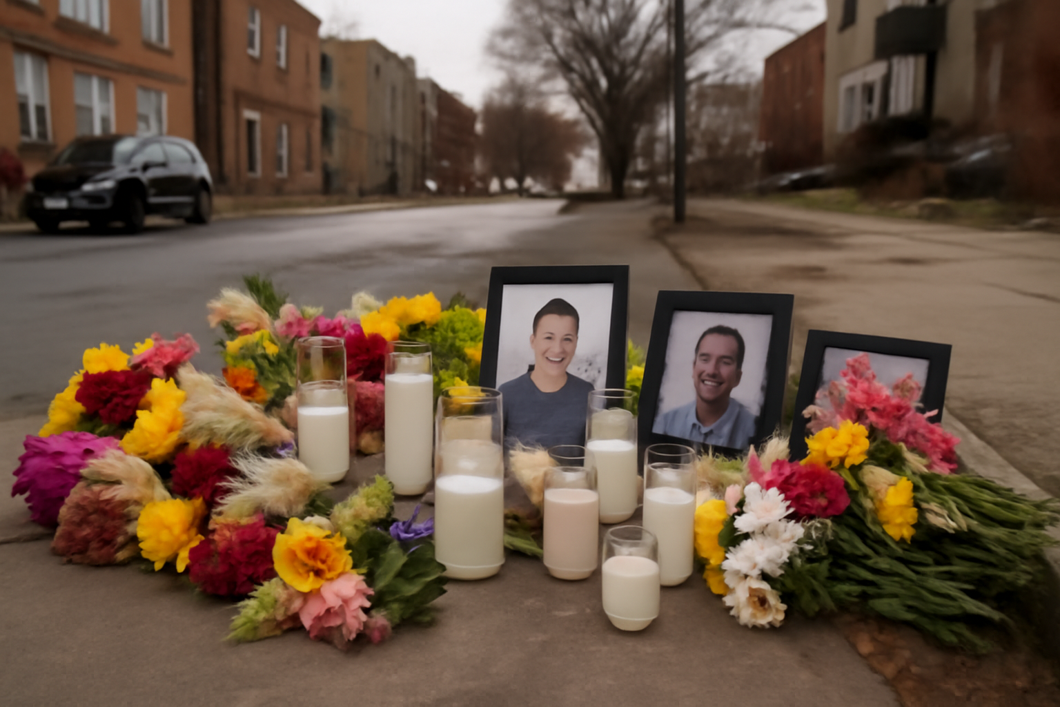 Flowers and framed photographs placed at a sidewalk memorial on a Minneapolis street corner