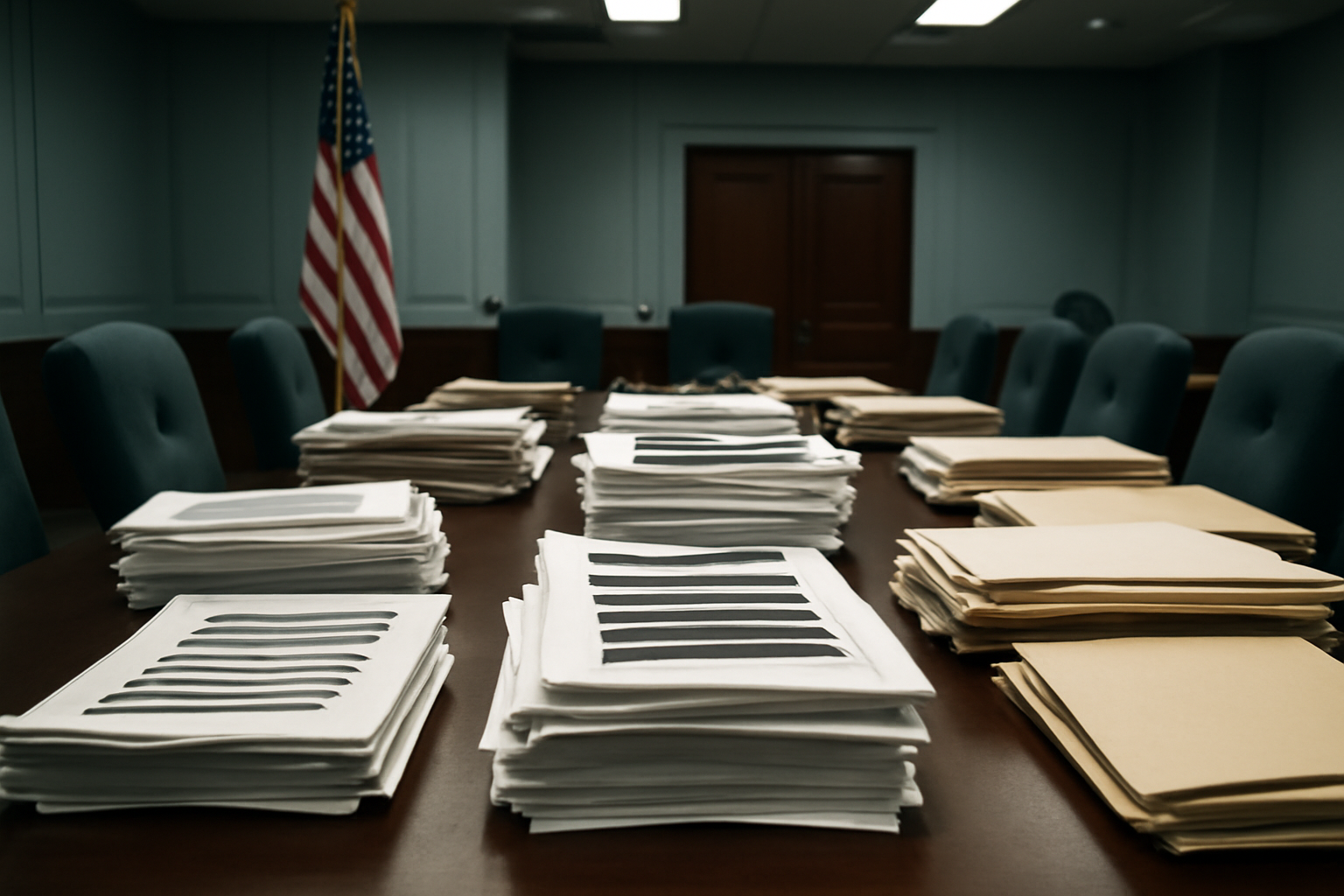 Exterior view of a government office building with stacks of redacted document folders on a conference table