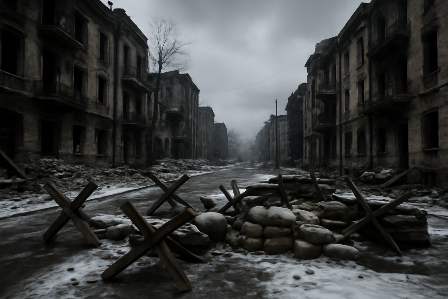 Snow-dusted rubble and barricaded streets in a besieged Ukrainian city under gray winter sky