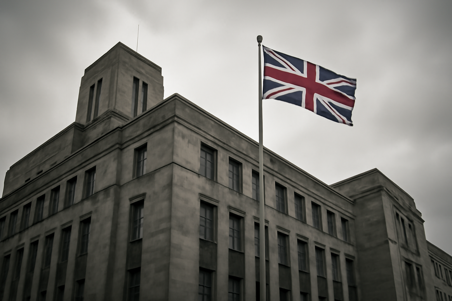 Exterior of a British government security building with a Union Jack flag flying against an overcast sky