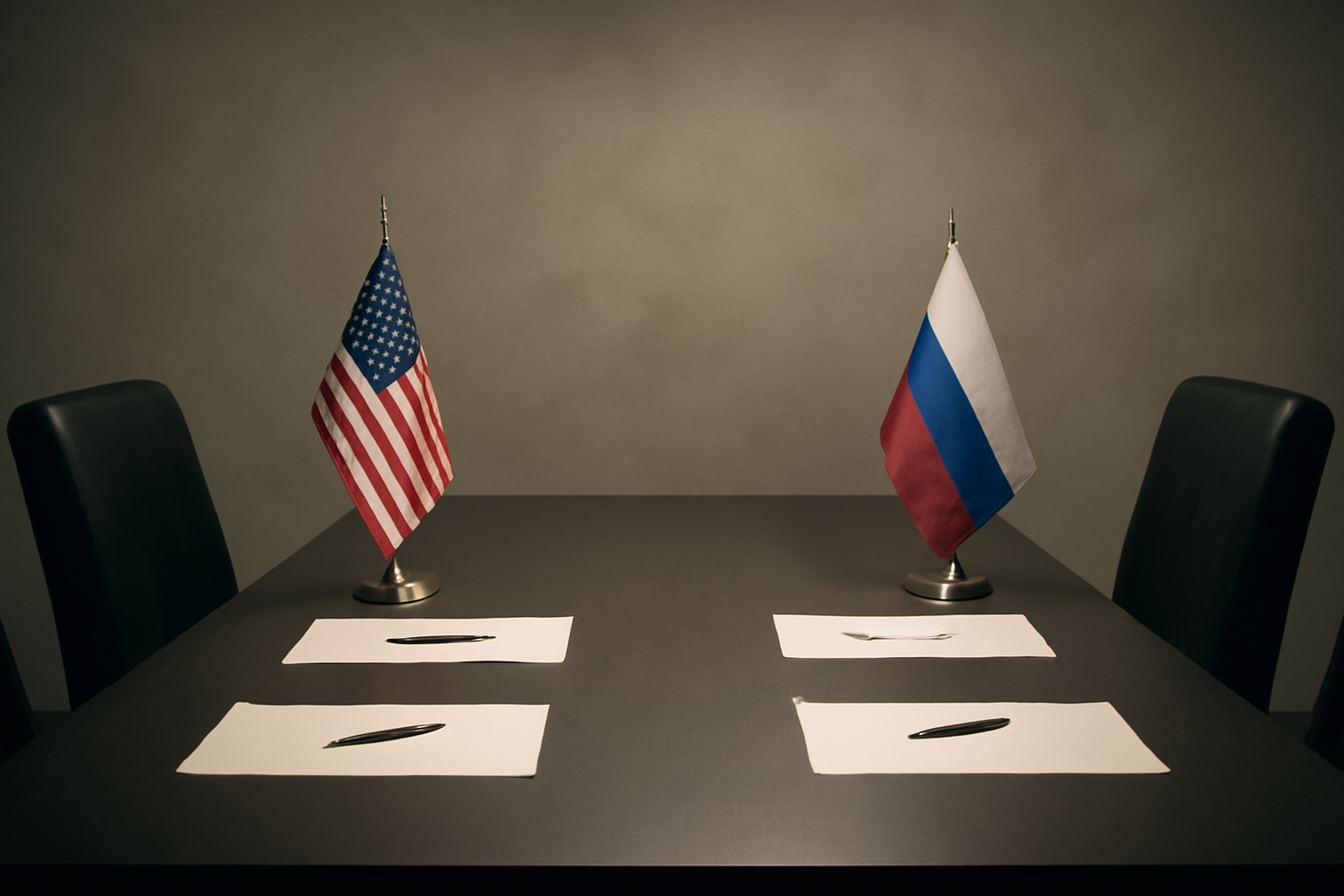Empty formal negotiating table with two flags, no people present, symbolizing stalled diplomacy