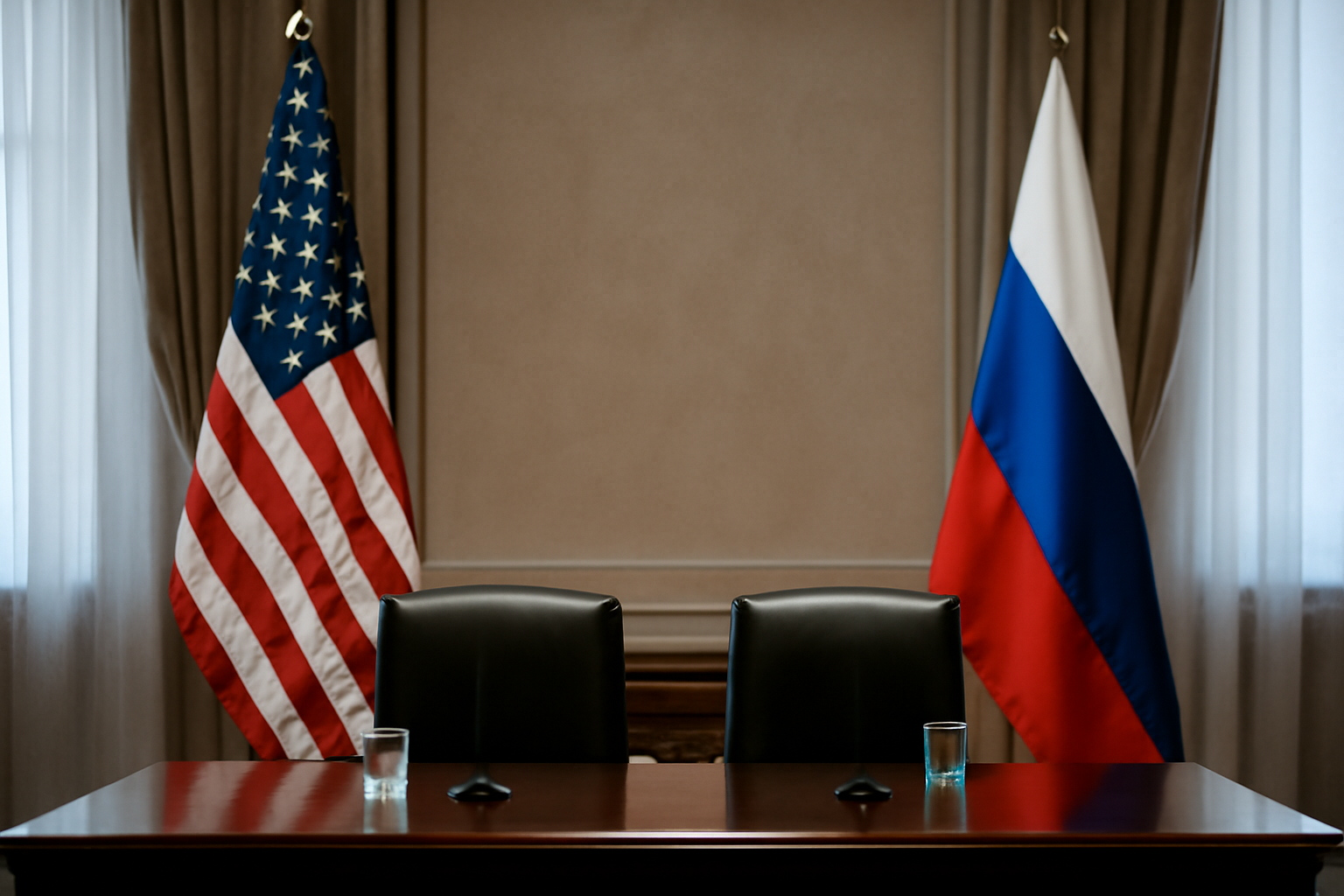 Flags of the United States and Russia displayed near a diplomatic meeting table
