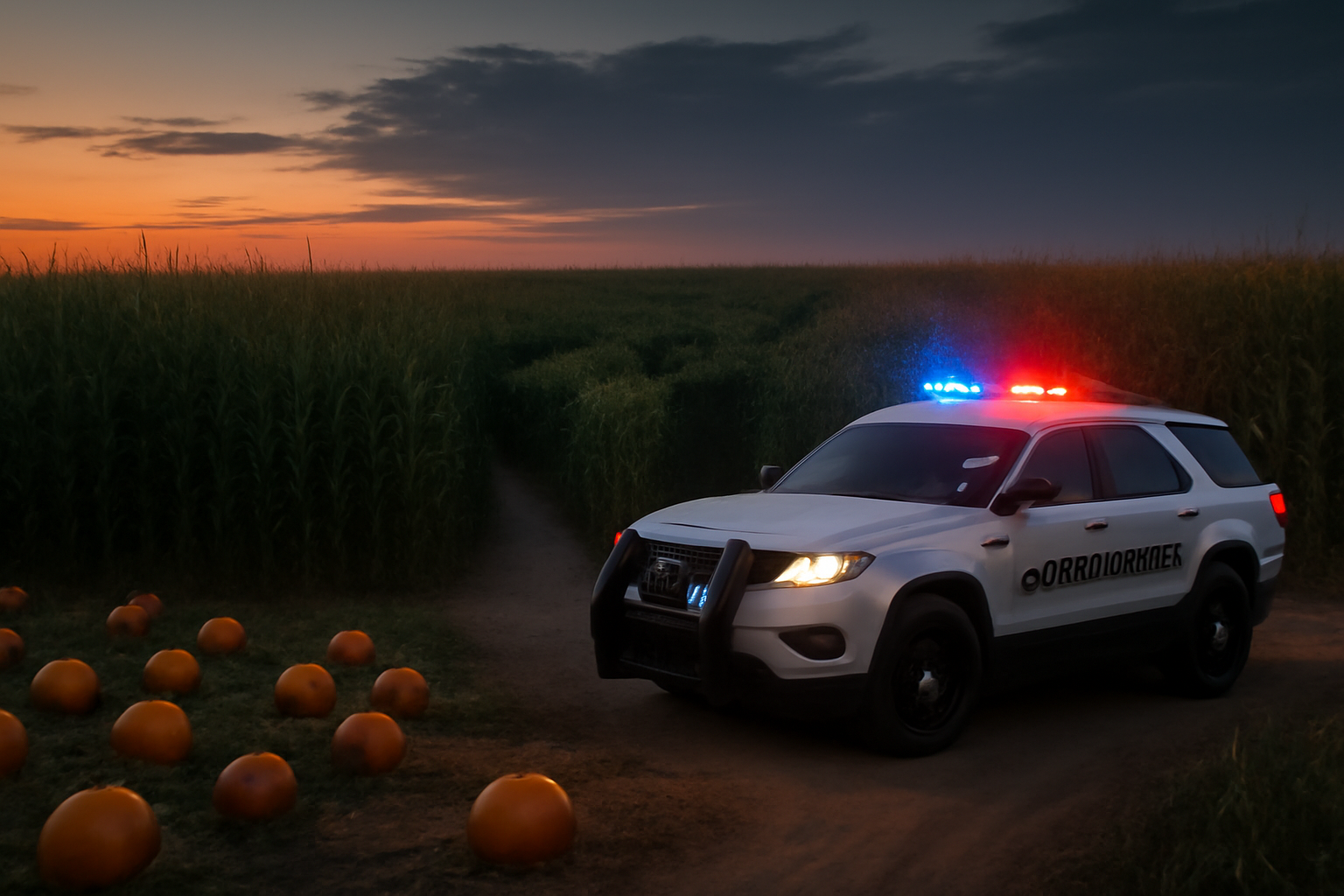 Rows of tall corn stalks at a California pumpkin patch corn maze at dusk with sheriff's vehicle lights in the background