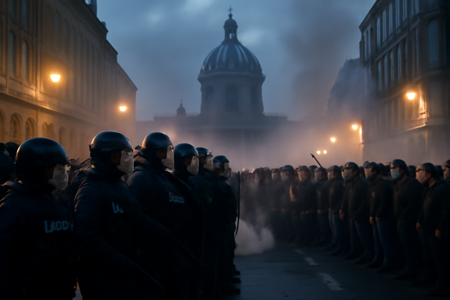 Riot police lines facing demonstrators on a street in central Tirana, Albania, at dusk