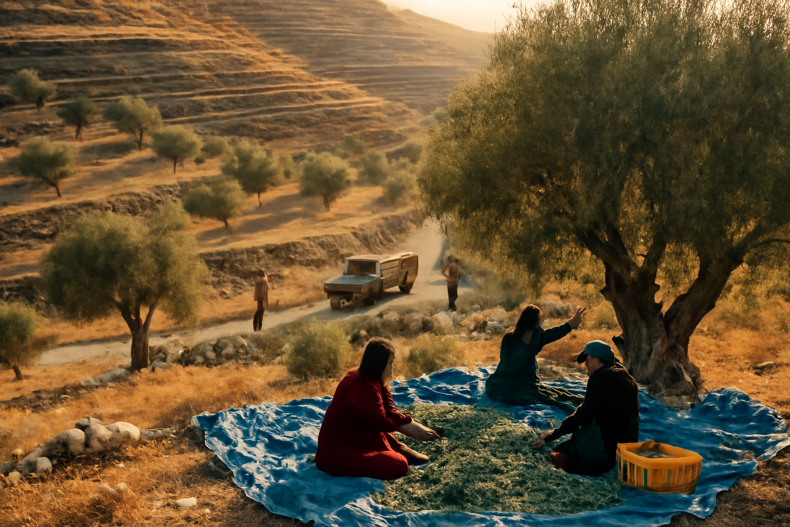Olive grove in the West Bank with an Israeli military vehicle parked near a dirt road during harvest season
