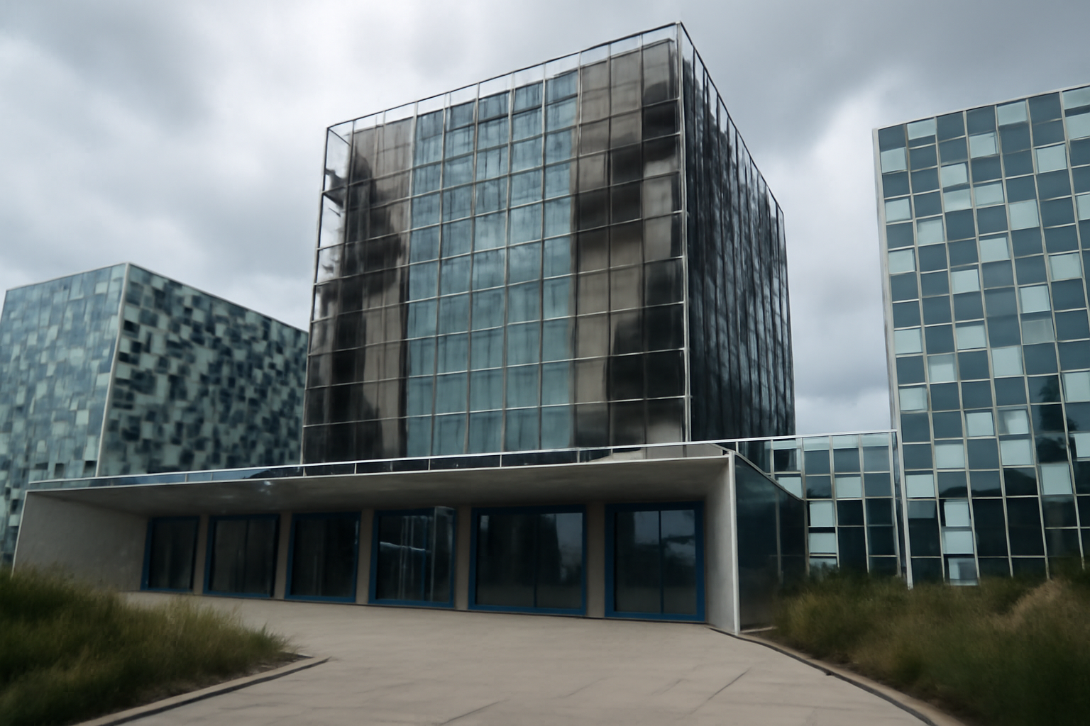 Exterior of the International Criminal Court building in The Hague under an overcast sky