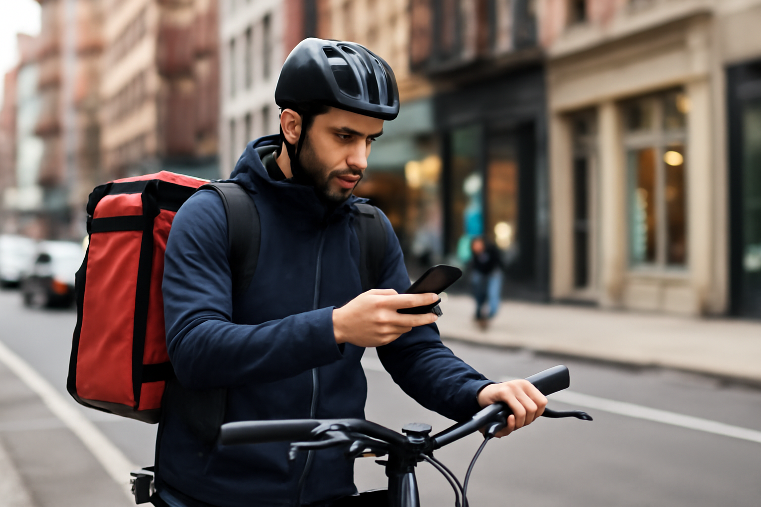 A DoorDash delivery courier checks a smartphone app while waiting outside a New York City building
