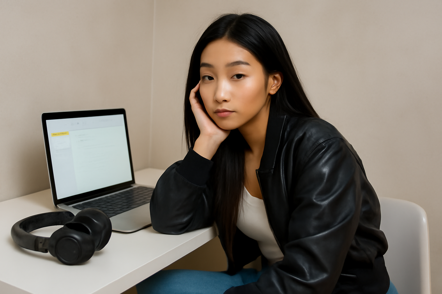 A K-pop performer sits at a desk with a laptop open to a notes app, headphones nearby