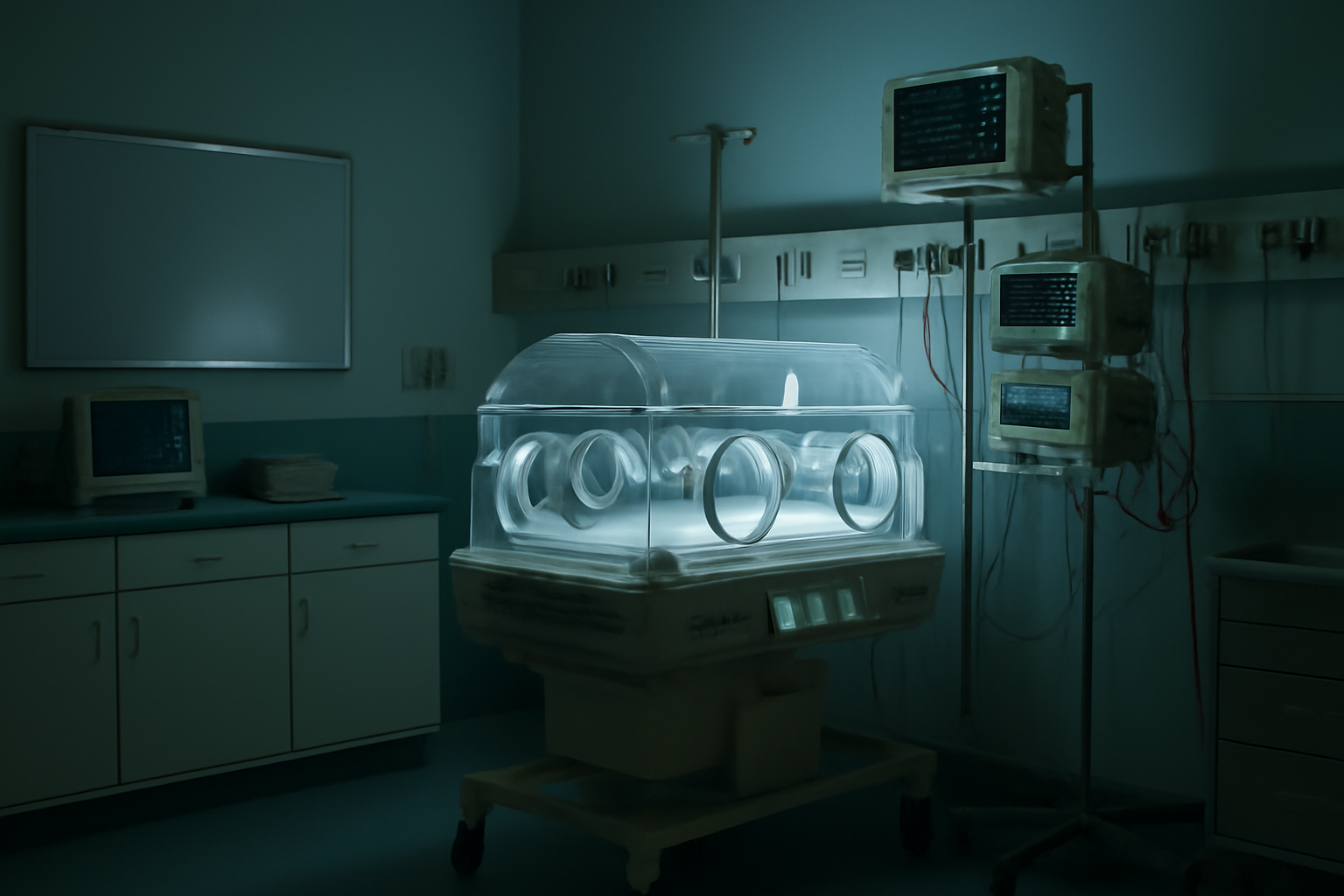 Empty hospital neonatal ward with an isolation crib and monitoring equipment