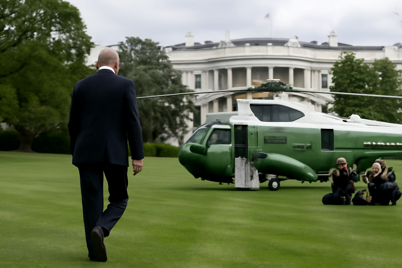 President Trump walking toward Marine One on the White House South Lawn