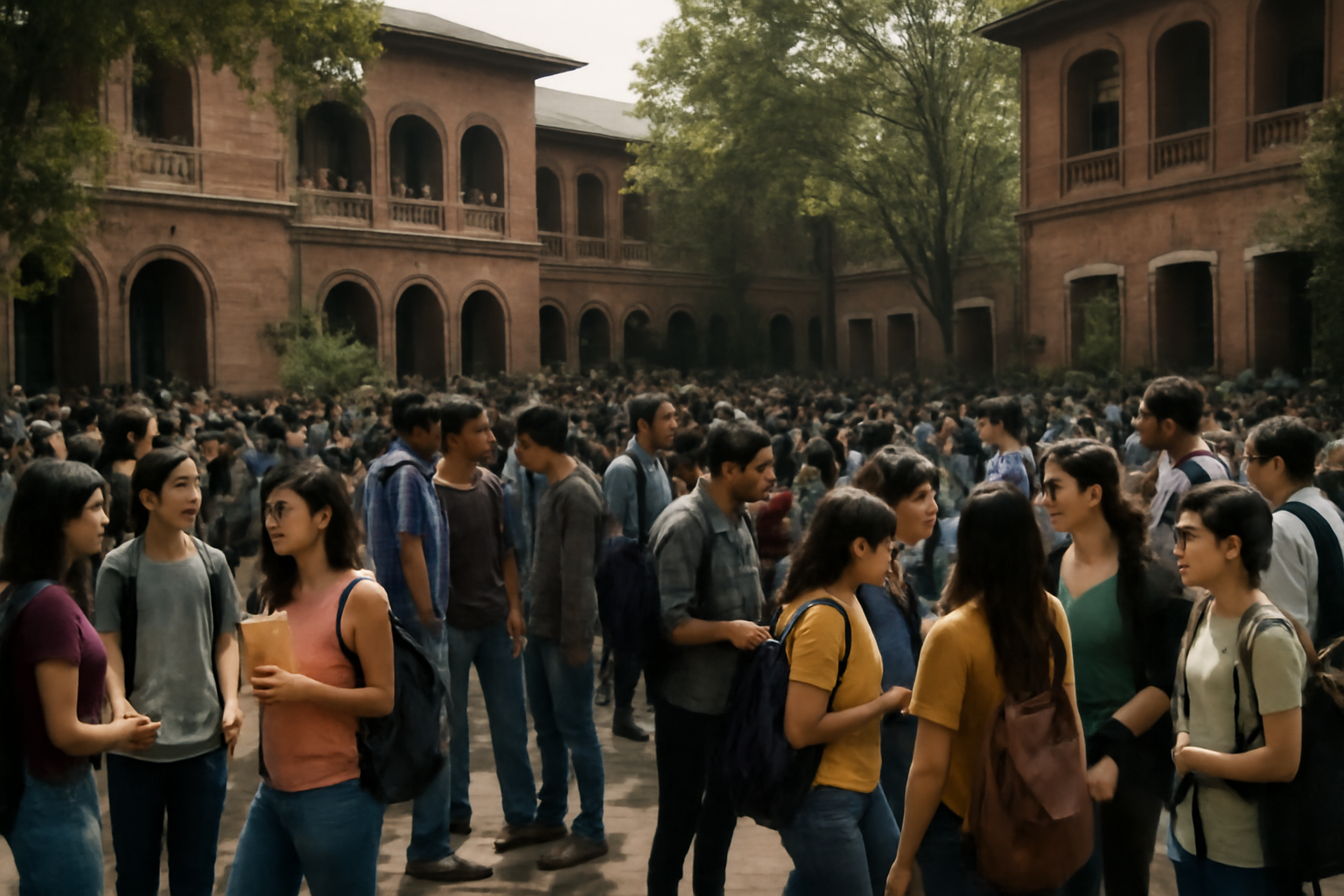 Students gathered outside a university building in India during a daytime demonstration