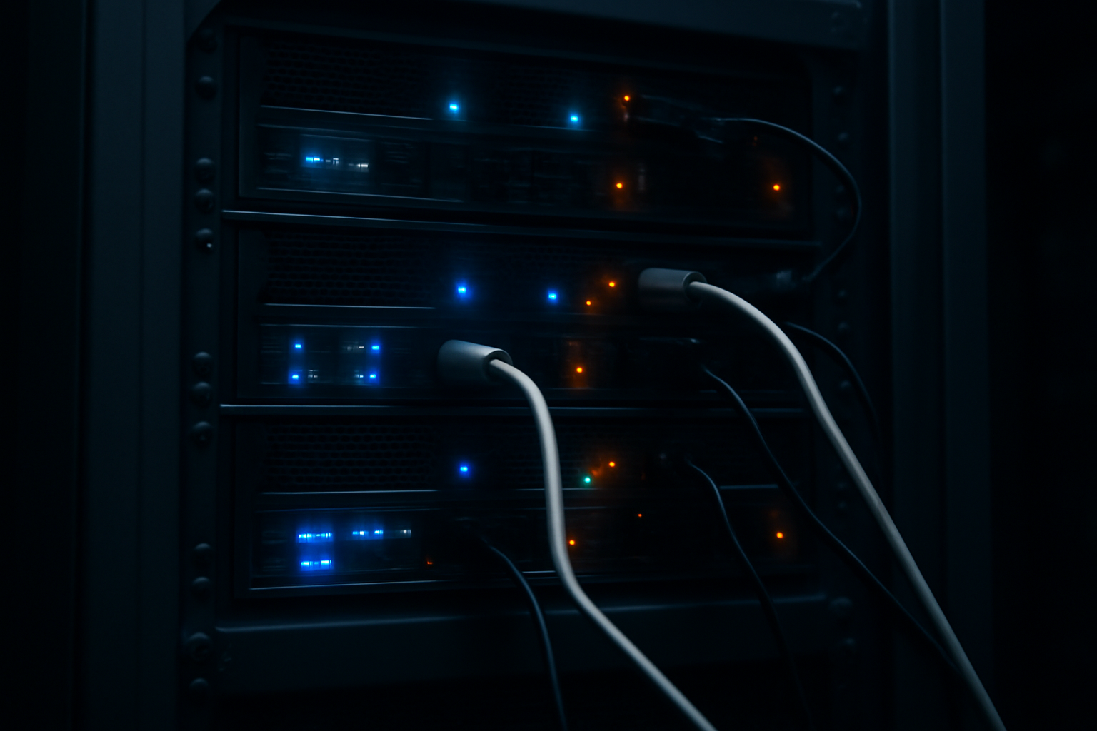 A server room with blue status lights and tangled network cables representing exposed cloud infrastructure