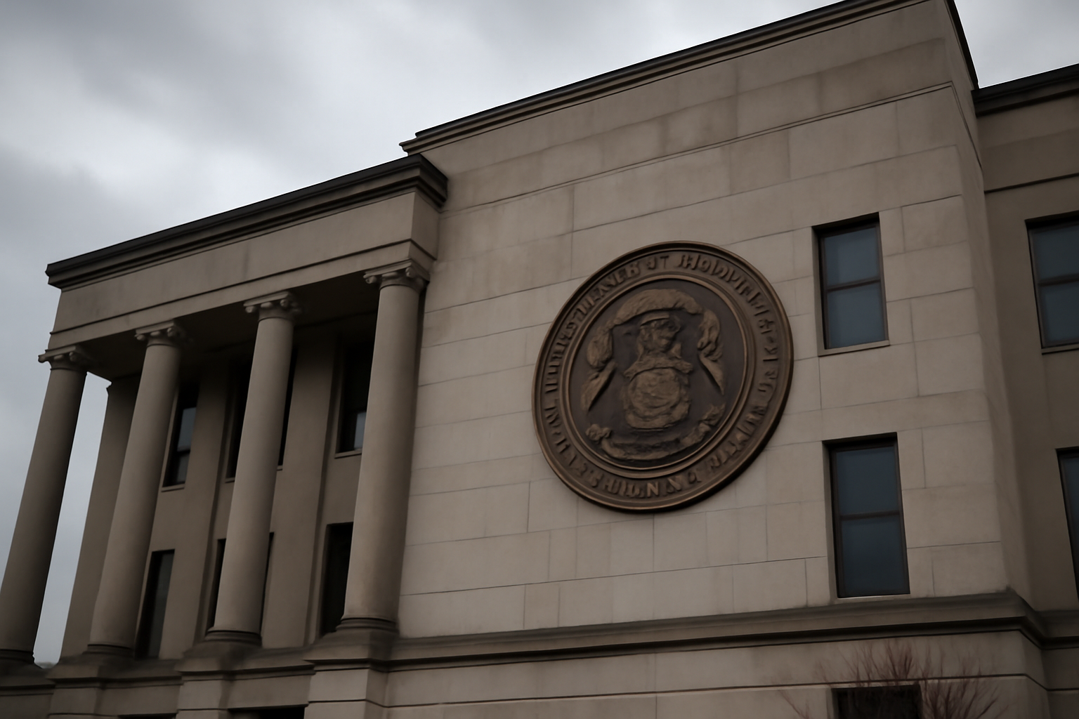 Exterior of a Michigan state government building with an official state seal