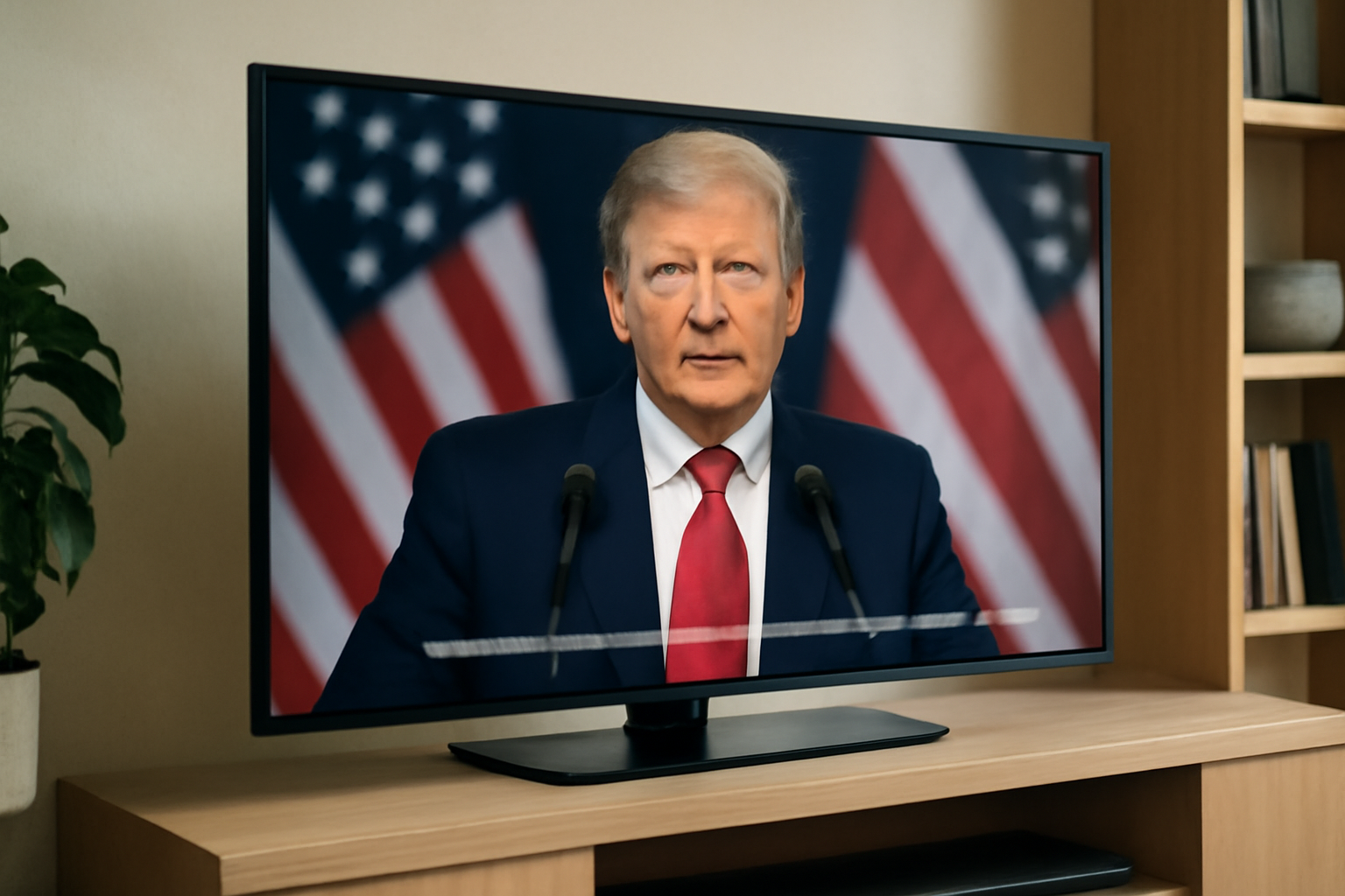 Television screen displaying a government-funded advertisement featuring President Trump with a paid-for-by disclaimer at the bottom