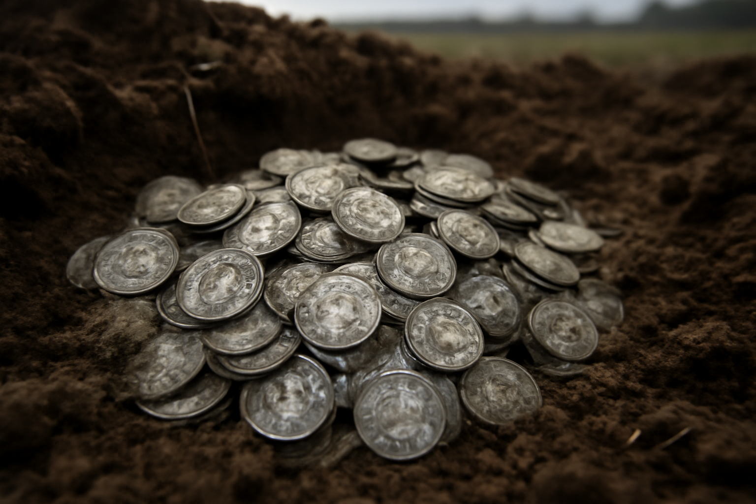 Pile of weathered ancient Roman silver denarii coins unearthed from dark German field soil