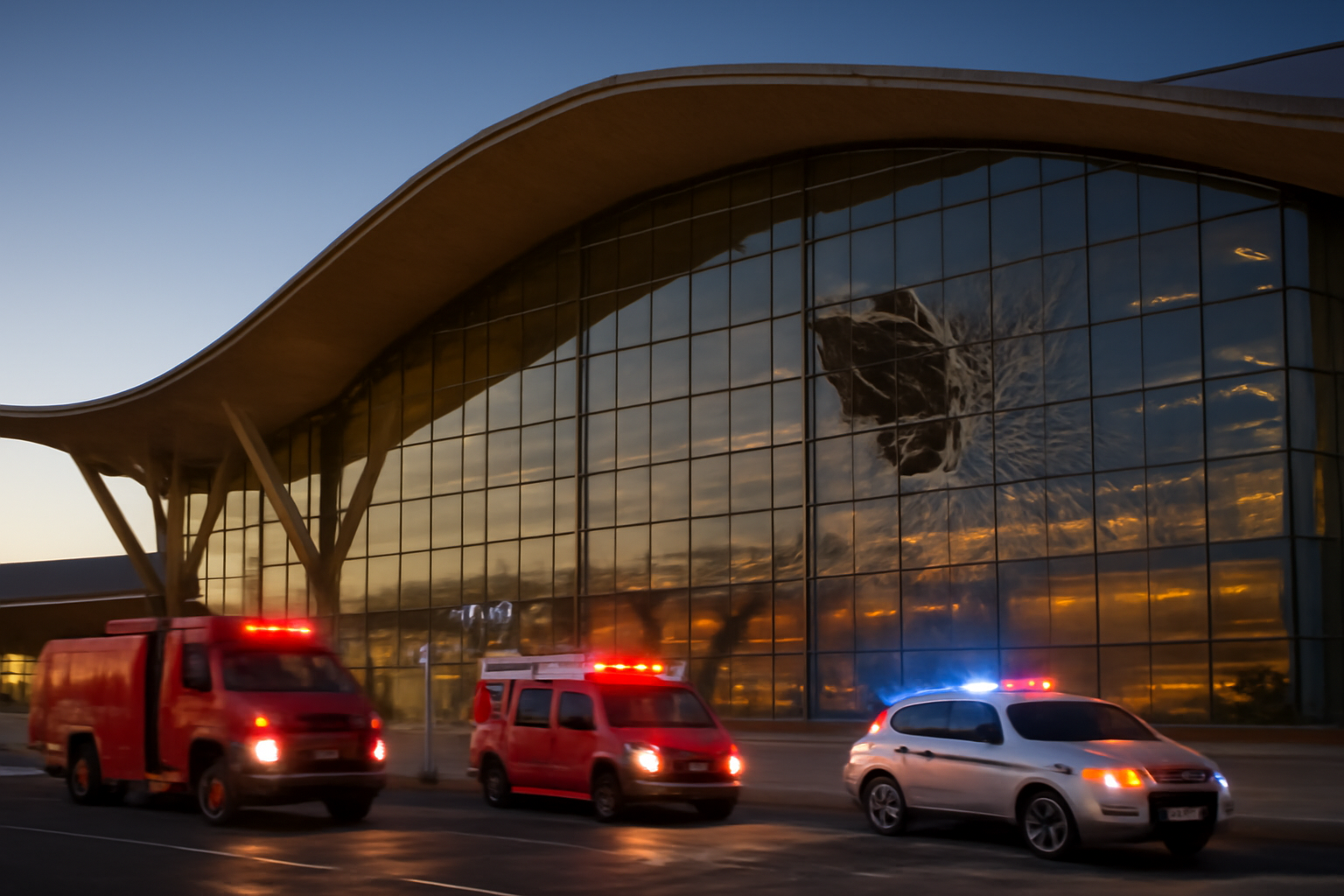 Airport terminal with damaged windows and emergency vehicles near a runway at dusk