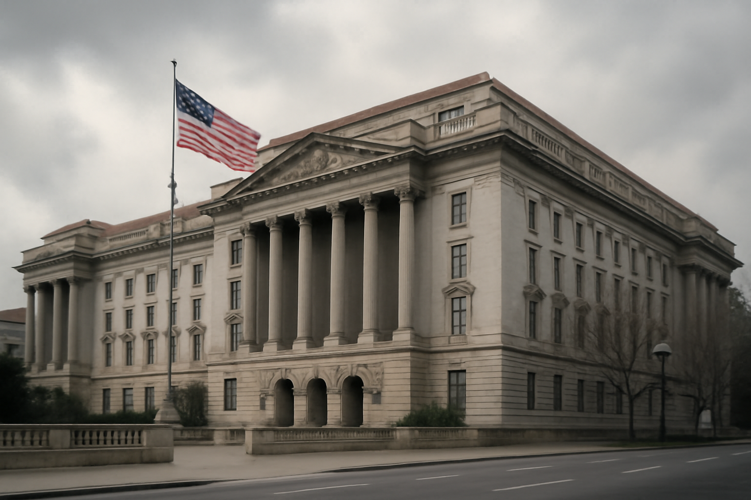 Exterior view of a federal government office building with a flag, symbolizing regulatory oversight of technology companies
