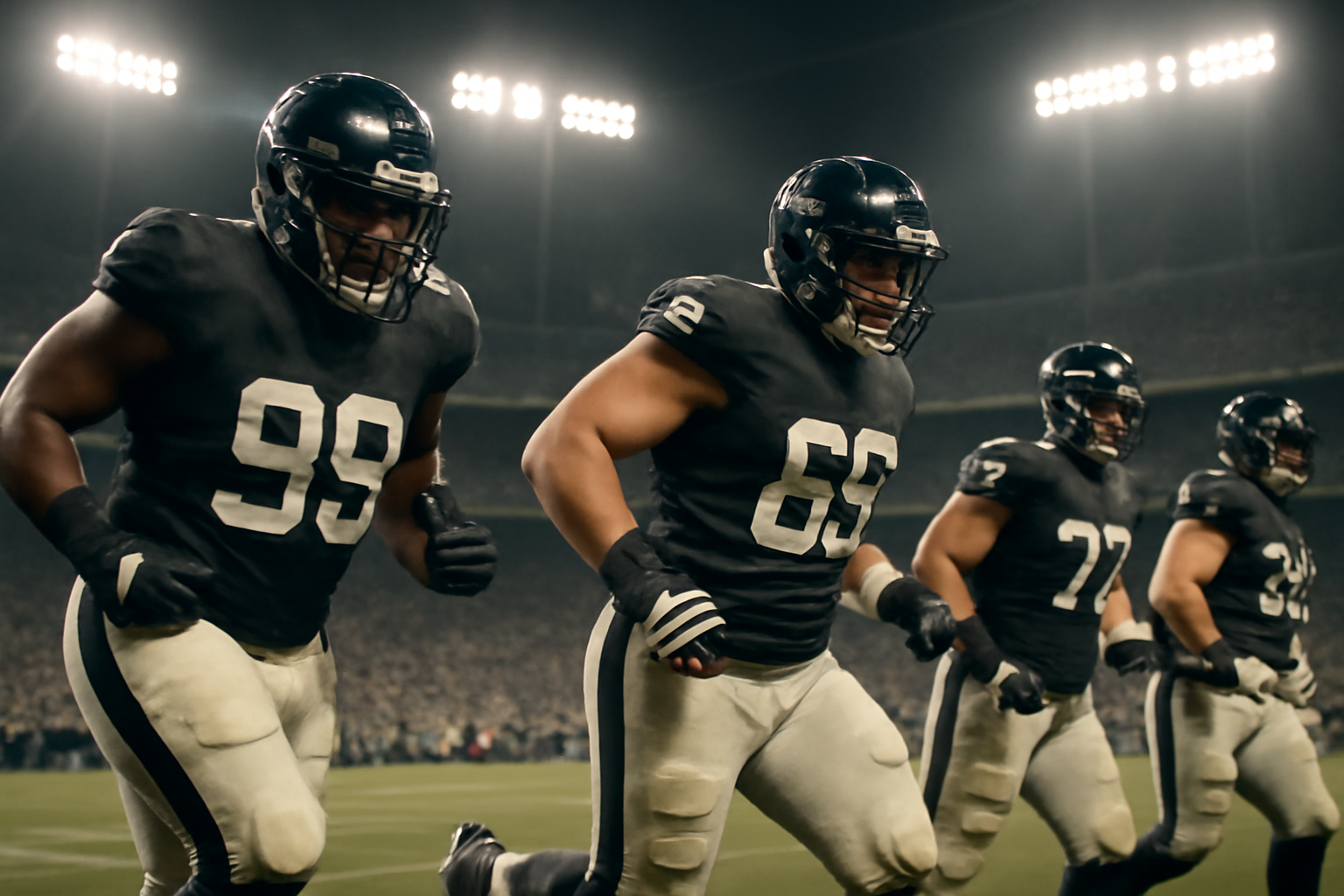 NFL players warming up on the sideline before a Week 4 game under stadium lights