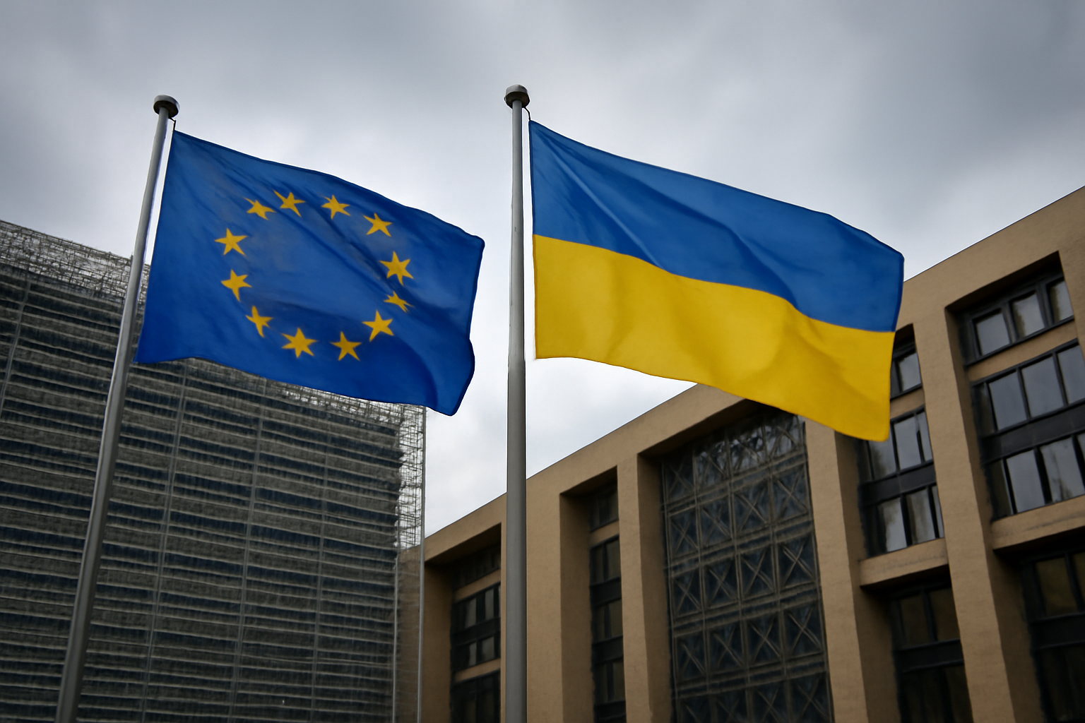 European Union and Ukrainian flags flying together outside the European Council building in Brussels