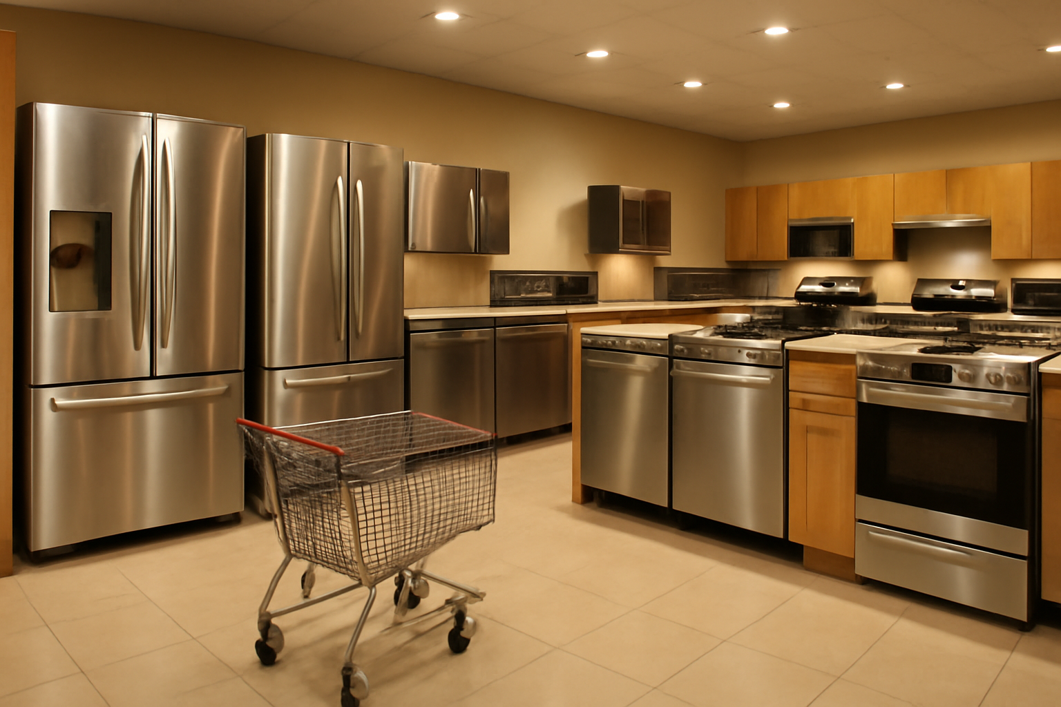 Shopper pushing a cart past appliance displays in a home improvement store aisle