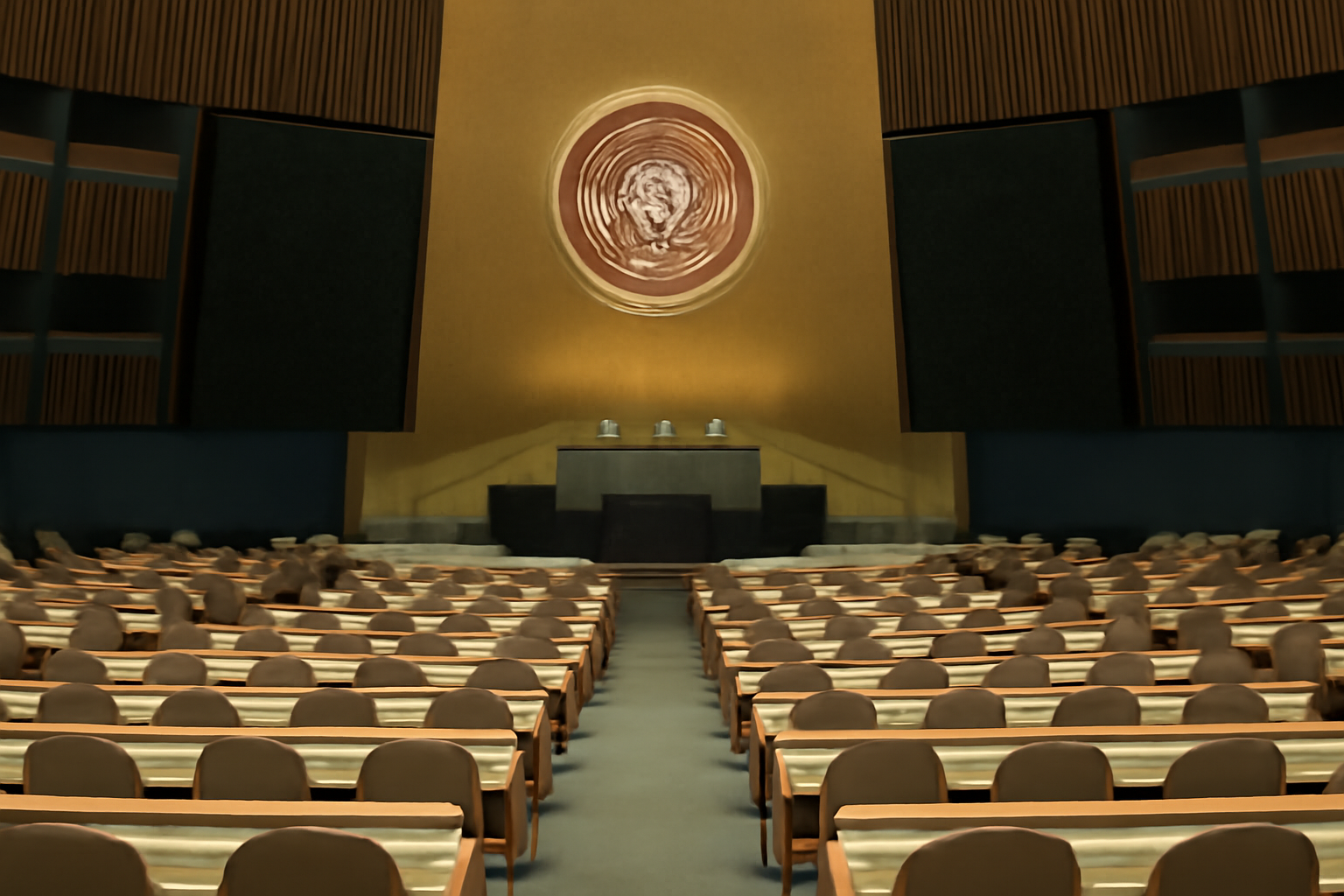 Delegates seated in the United Nations General Assembly hall during a plenary session