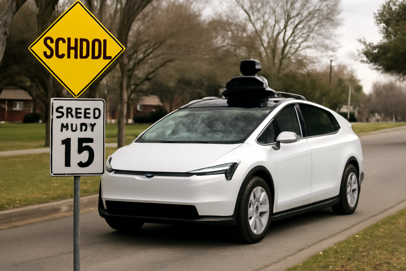 A white Tesla Cybercab robotaxi approaches a yellow school zone speed limit sign