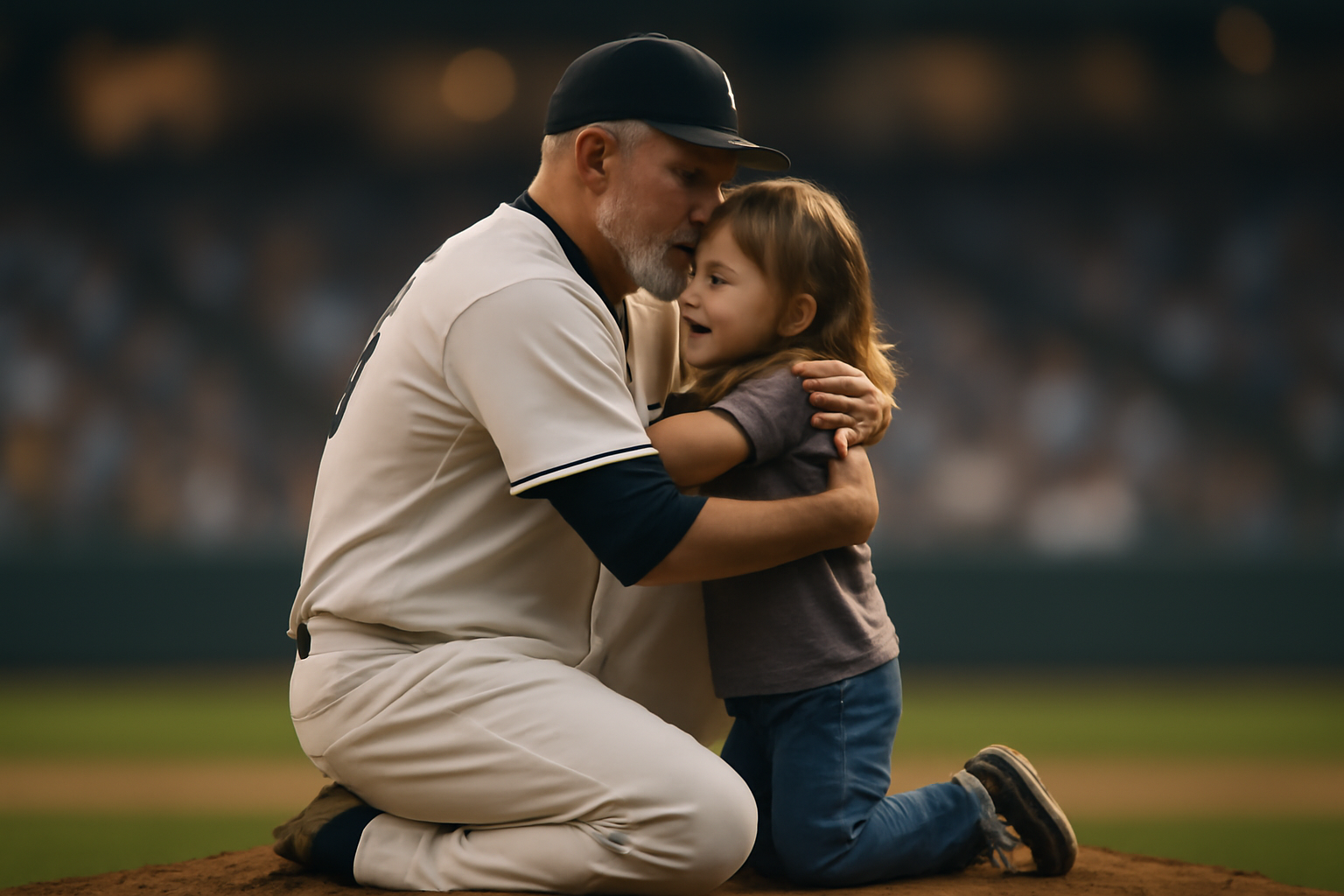 A baseball pitcher in a home white uniform crouches to embrace a young girl on the pitcher's mound
