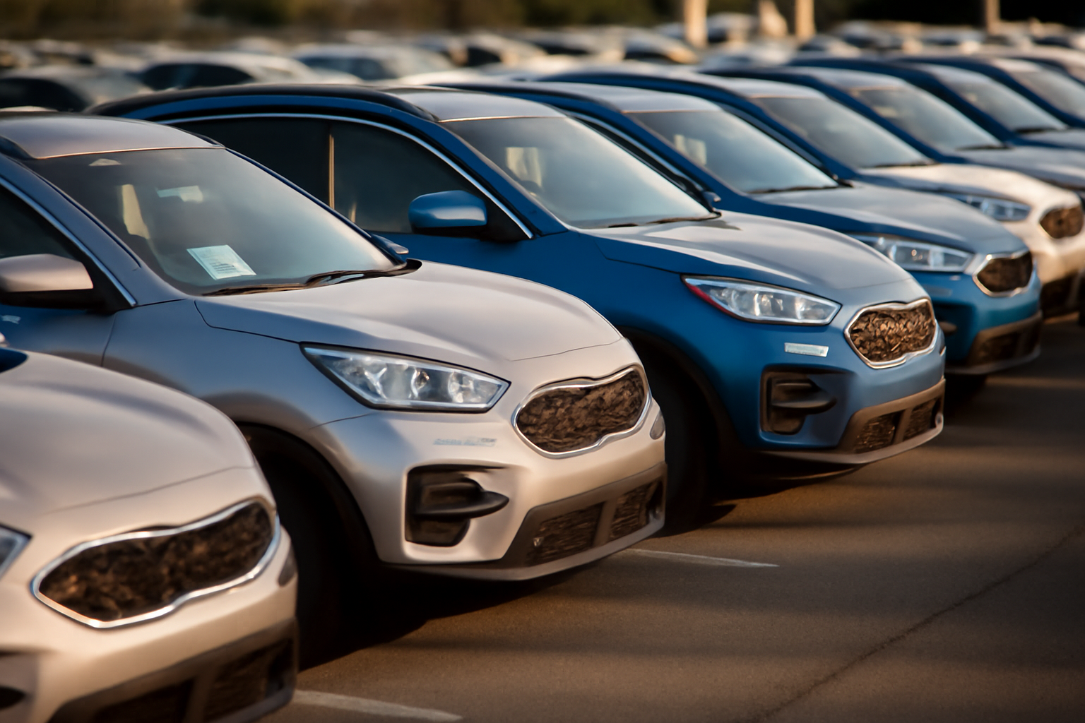 Rows of Toyota RAV4 hybrid SUVs parked on a dealership lot under afternoon sun