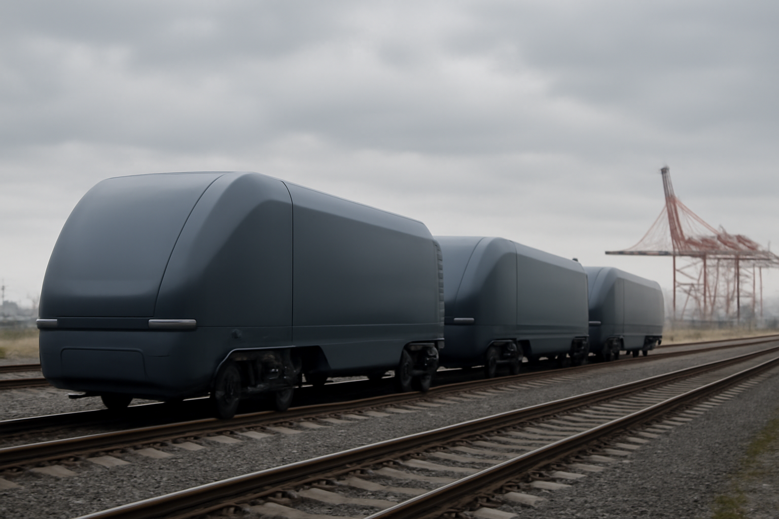 Autonomous battery-powered rail freight vehicles moving in a platoon along steel tracks at a shipping yard