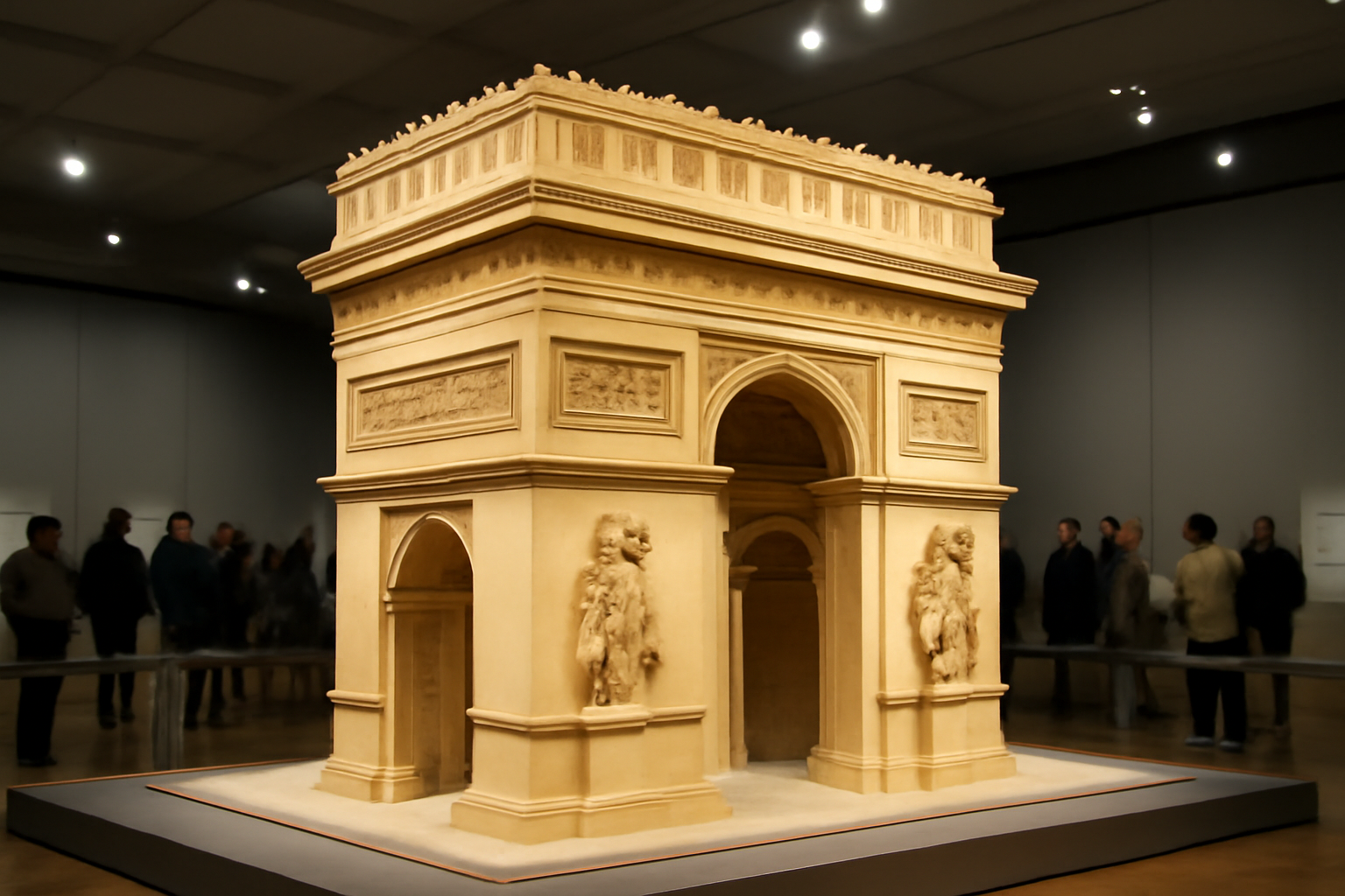 Model of a proposed triumphal arch monument on display at an outdoor exhibition