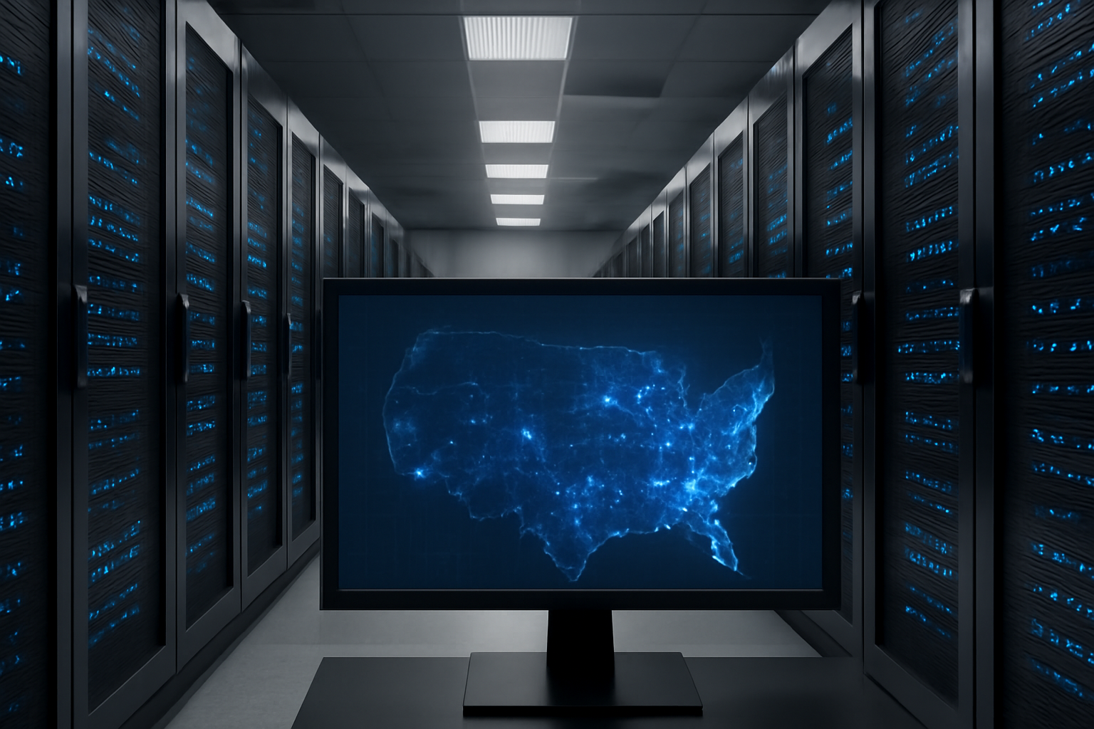 Server room with data cables feeding into a monitor displaying a map interface