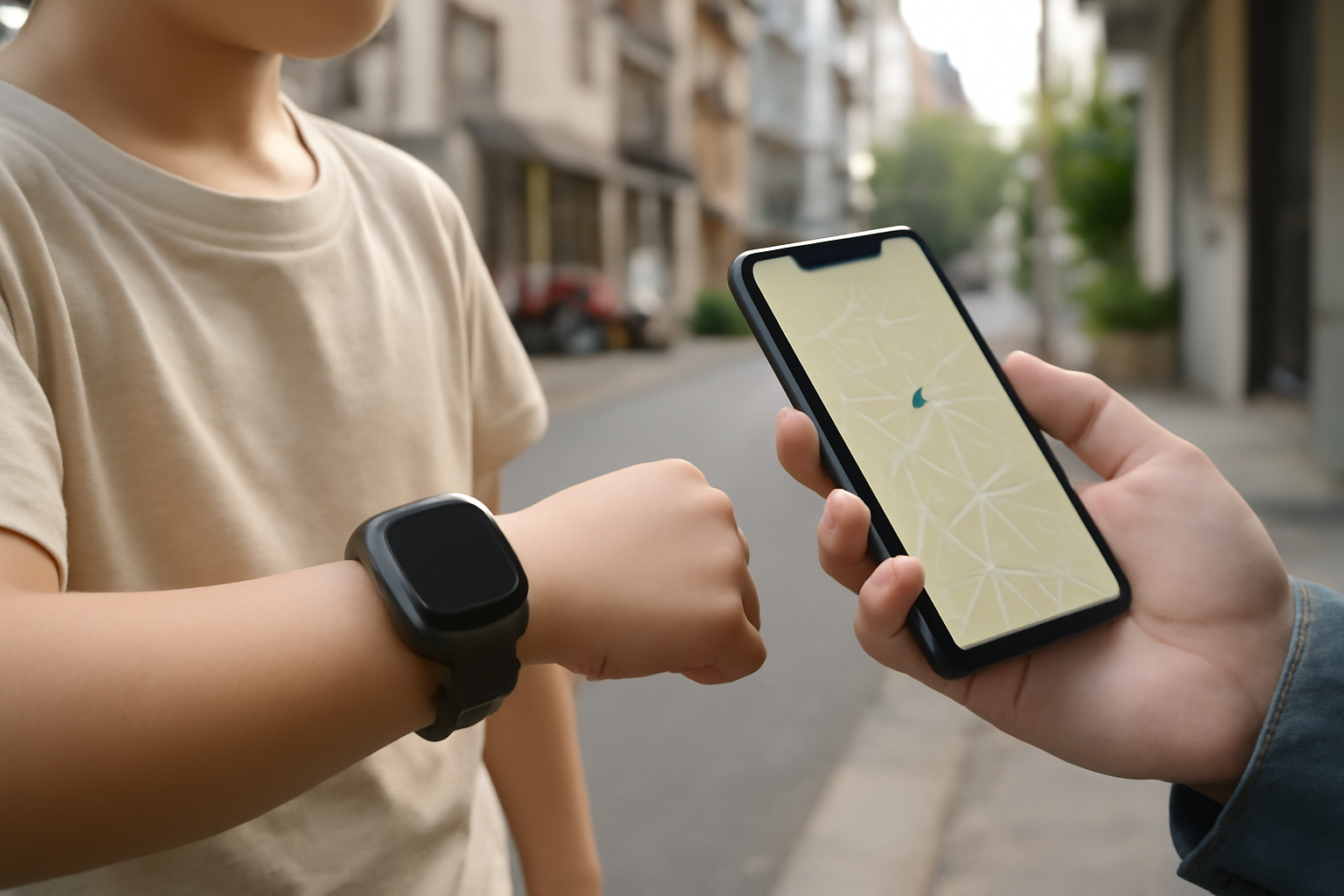 A child's wrist wearing a smartwatch with a location tracking app visible on a nearby phone screen