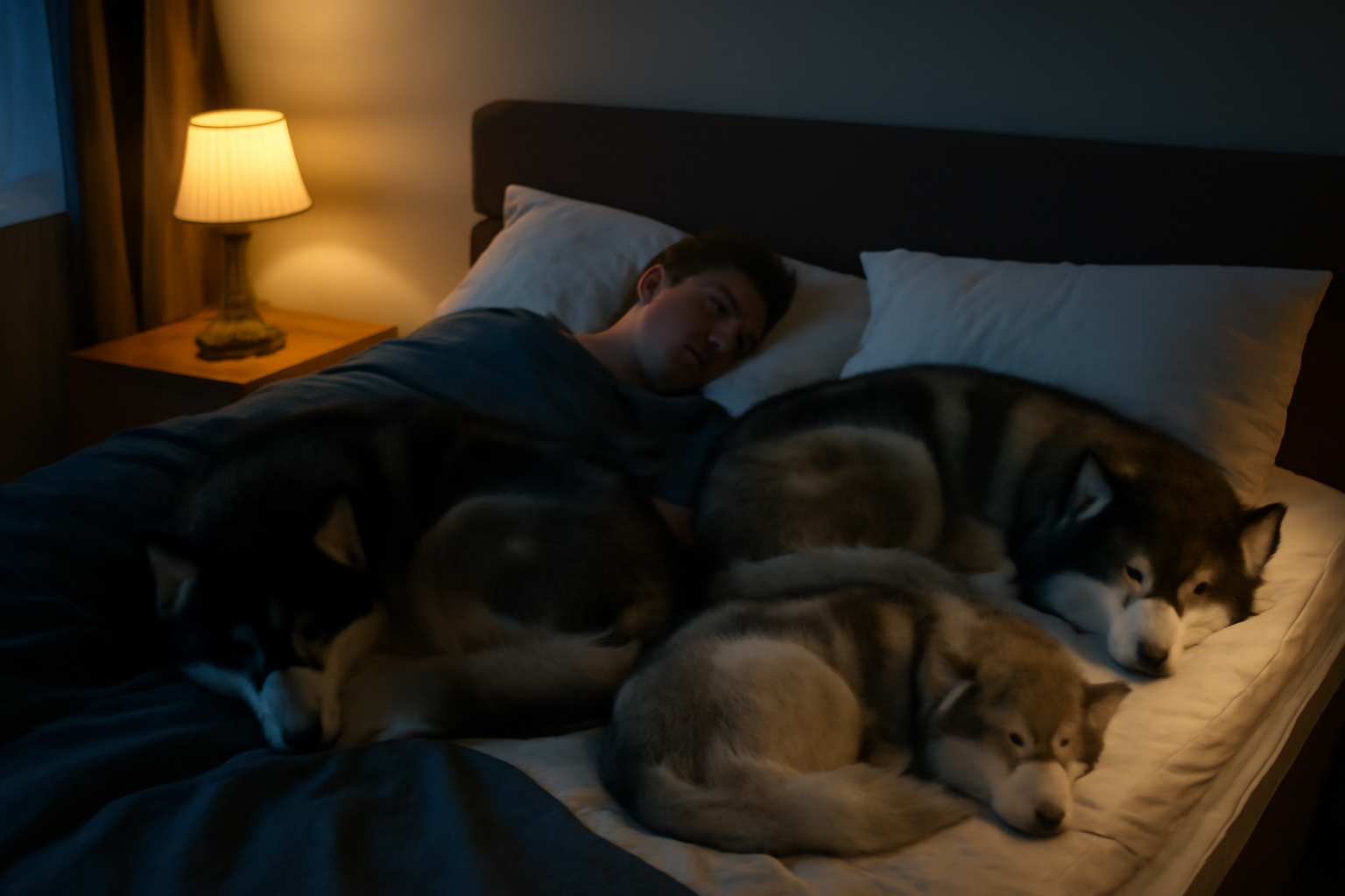 A husky and malamute curled on a bed beside a sleeping person, both wearing small activity tracker collars and wristbands