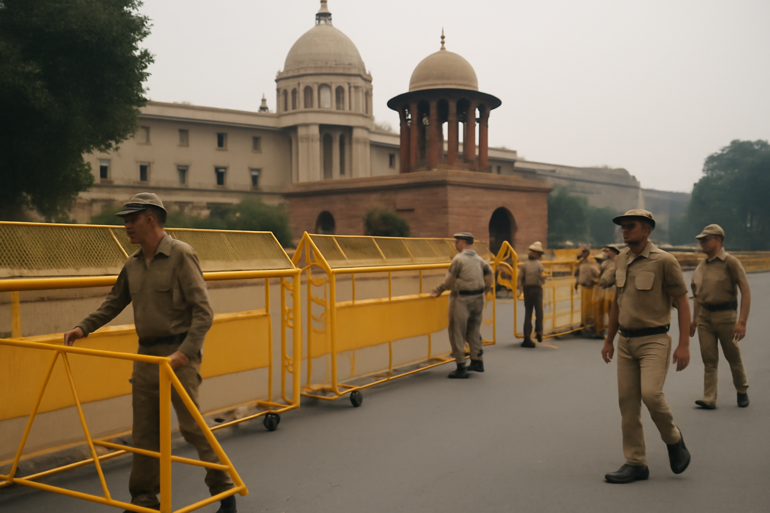 Police barricades outside a government building in New Delhi during a voter-roll dispute