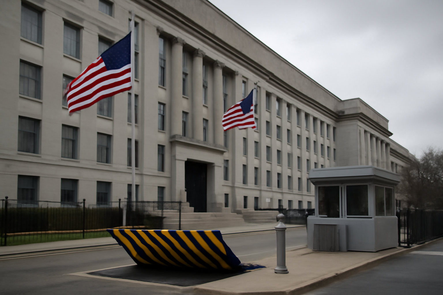 Exterior of a federal government building with a security checkpoint and flags